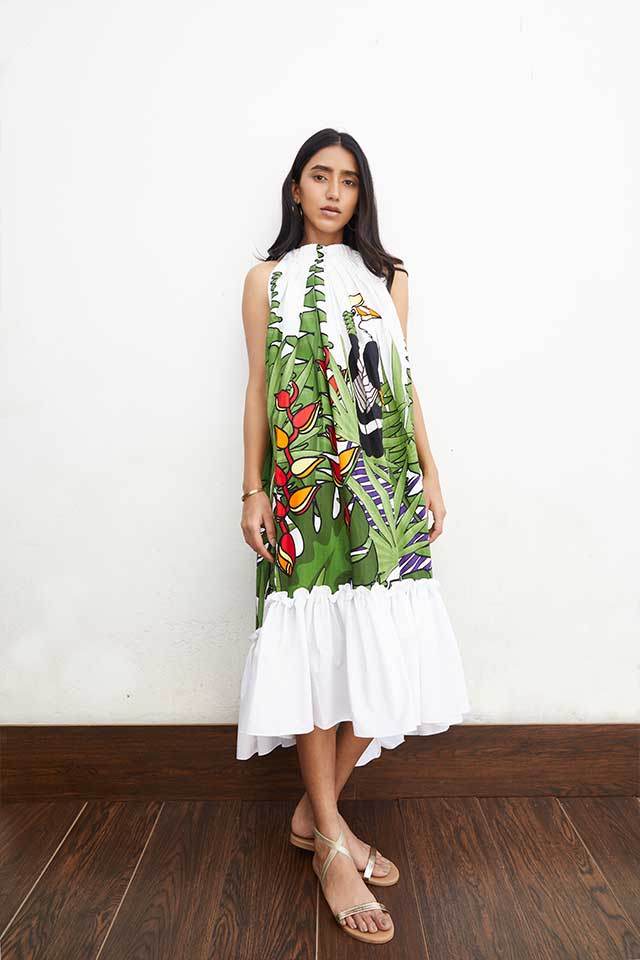 Digital Printed Linen Blend Western Mini Dress - No Color Fading - SEEANS
