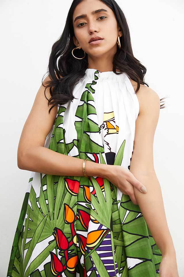 Digital Printed Linen Blend Western Mini Dress - No Color Fading - SEEANS