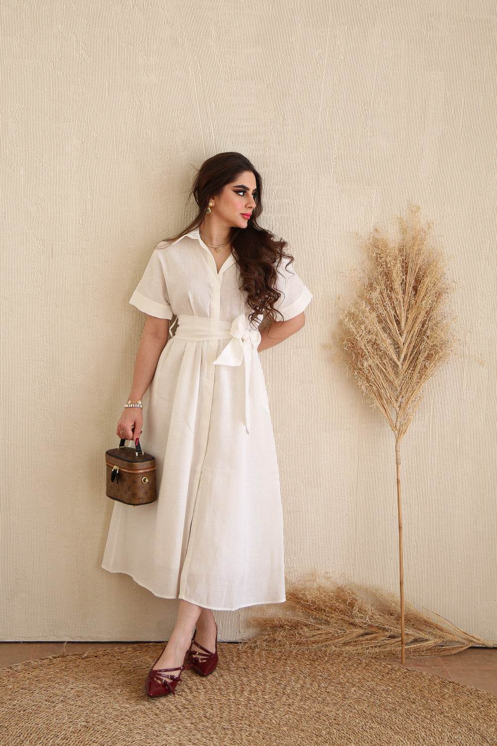 Women's Linen Blend Western Maxi Dress with Belt - Solid White - SEEANS