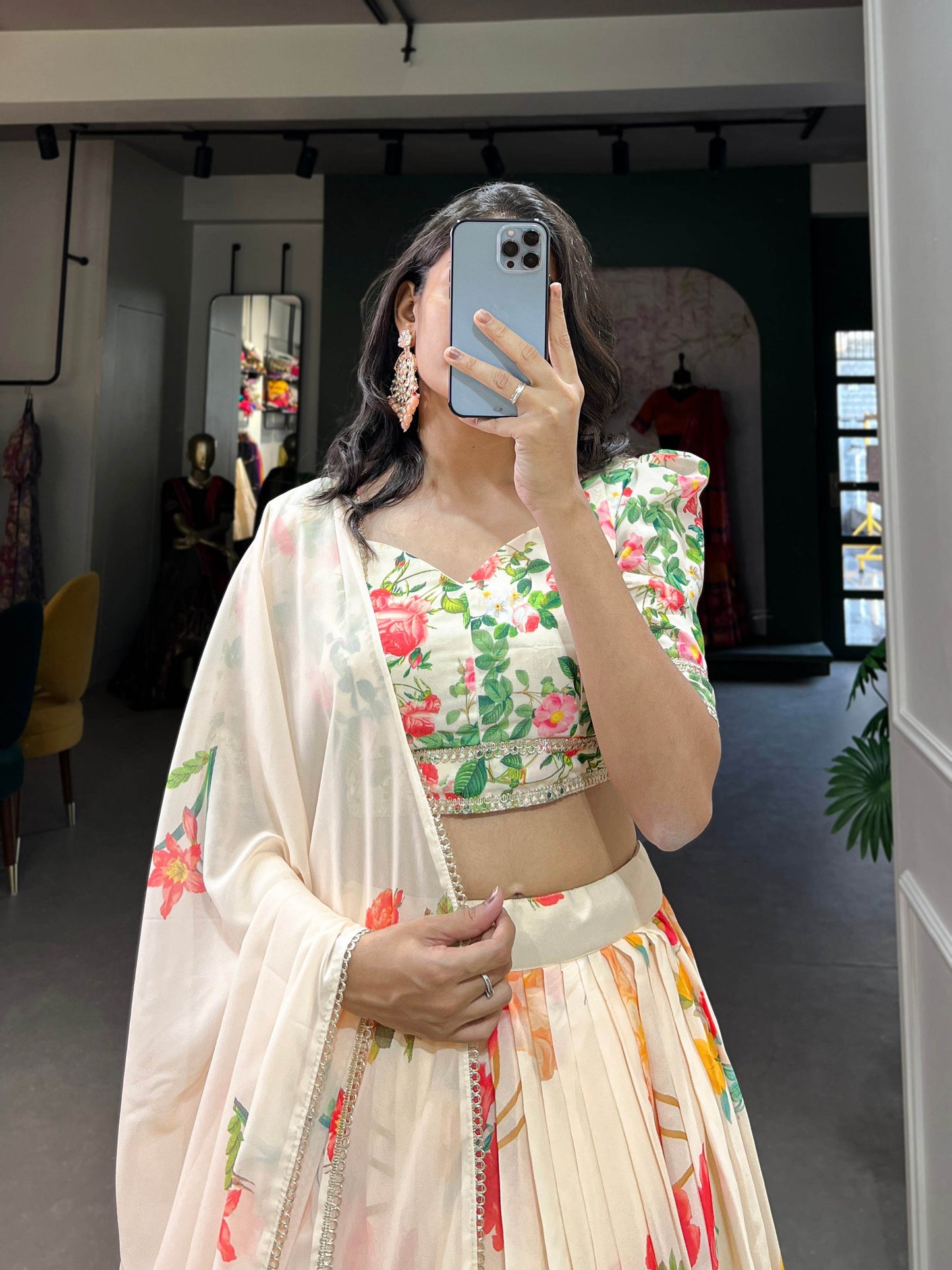 Floral Print Georgette Lehenga Choli with Lace Border – Stitched Lehenga, Unstitched Blouse, and Dupatta - SEEANS