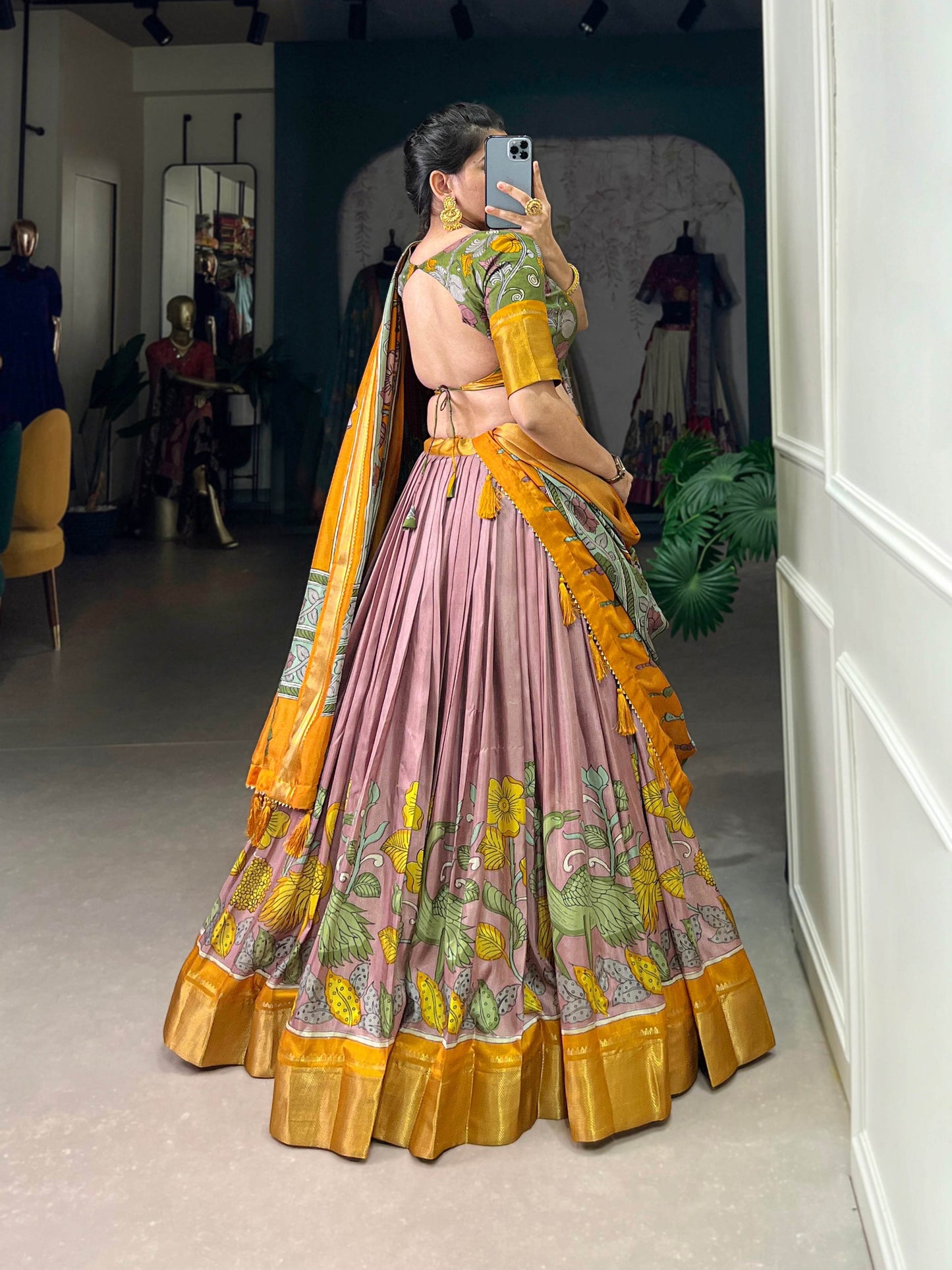 Anusha Kalamkari Dola Silk Lehenga Choli Set – Traditional Elegance with Modern Charm - SEEANS