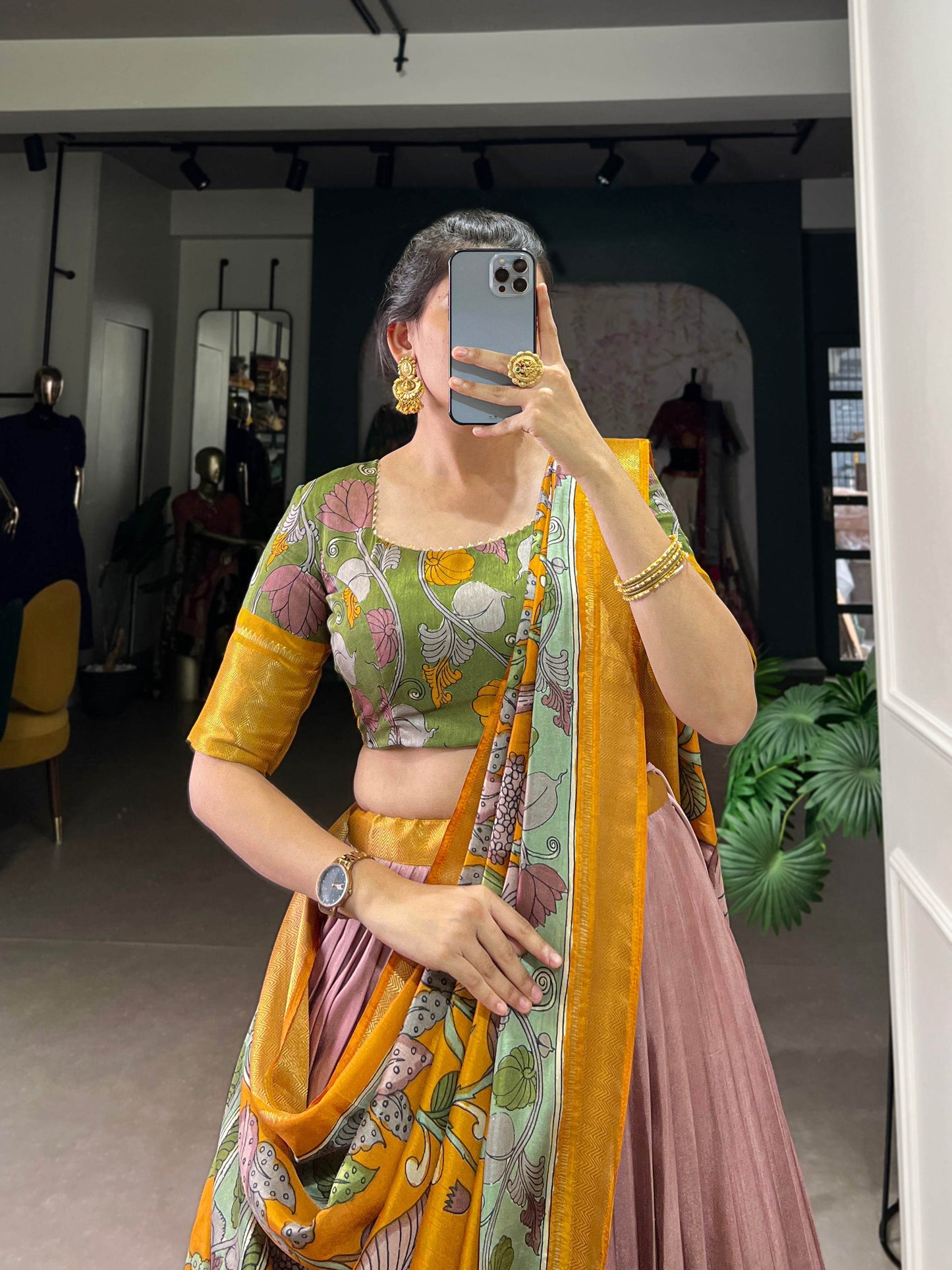 Anusha Kalamkari Dola Silk Lehenga Choli Set – Traditional Elegance with Modern Charm - SEEANS