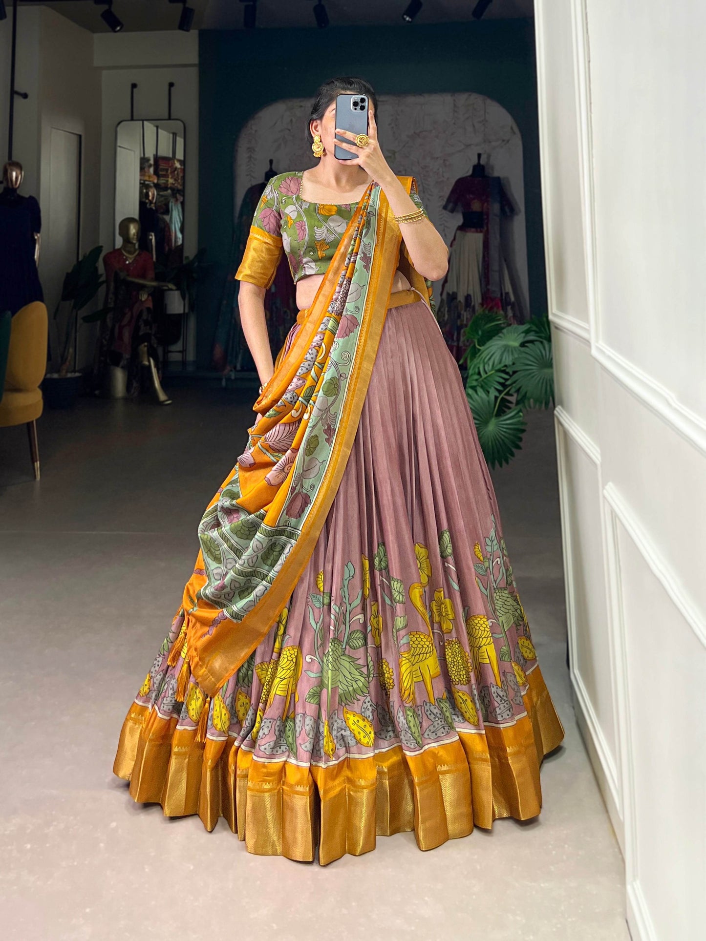 Anusha Kalamkari Dola Silk Lehenga Choli Set – Traditional Elegance with Modern Charm - SEEANS