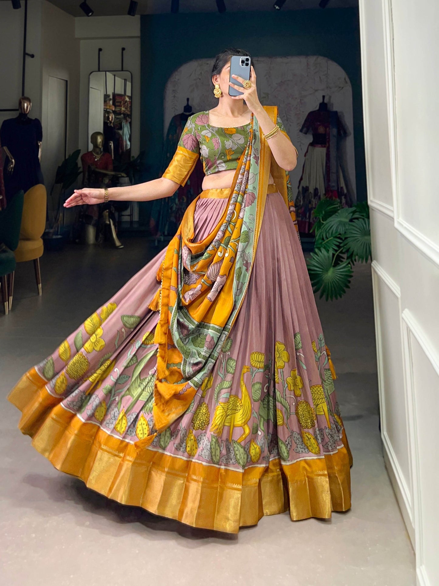 Anusha Kalamkari Dola Silk Lehenga Choli Set – Traditional Elegance with Modern Charm - SEEANS