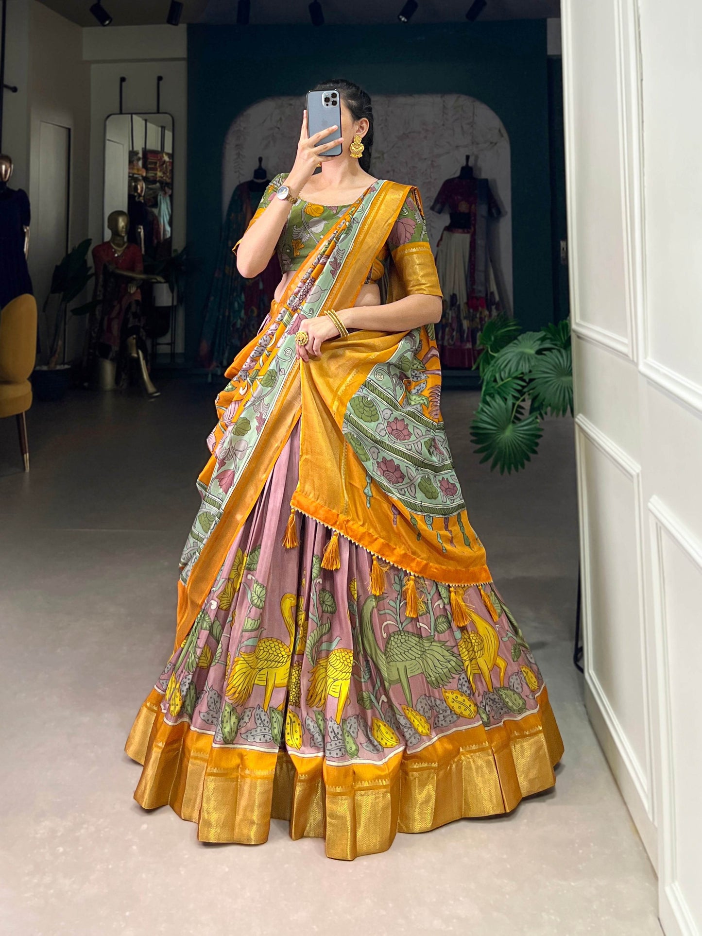 Anusha Kalamkari Dola Silk Lehenga Choli Set – Traditional Elegance with Modern Charm - SEEANS