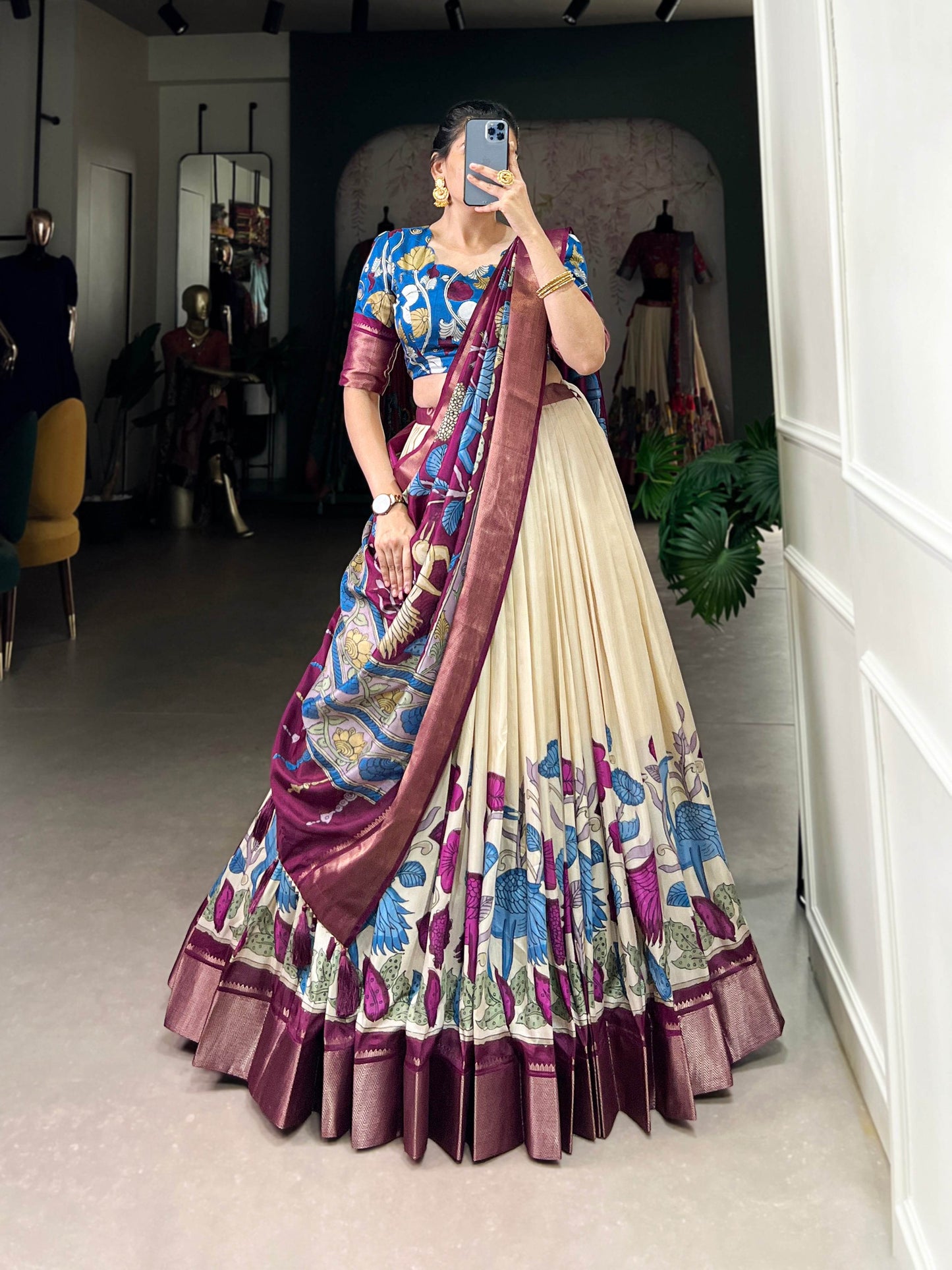 Anusha Kalamkari Dola Silk Lehenga Choli Set – Traditional Elegance with Modern Charm - SEEANS