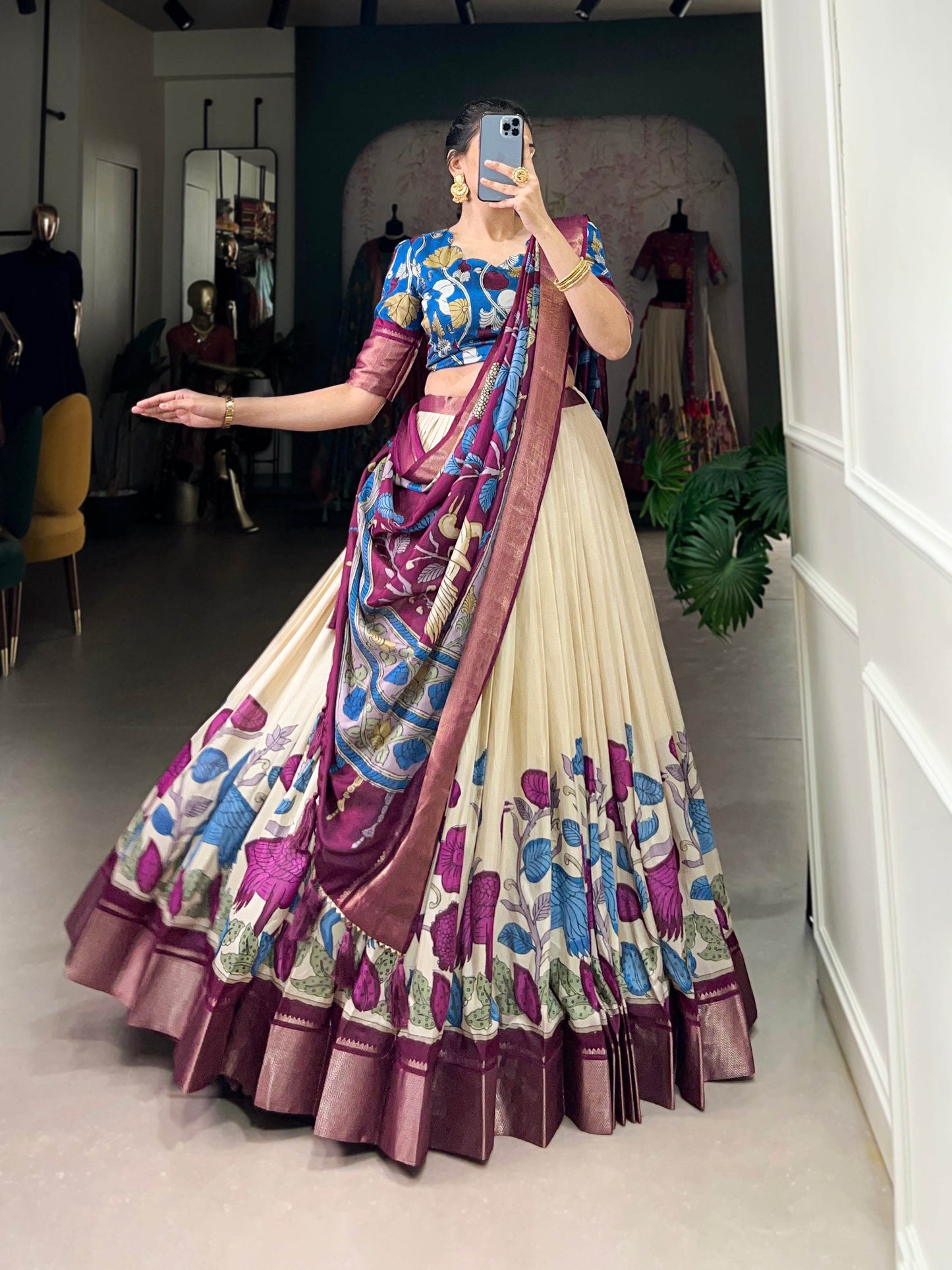 Anusha Kalamkari Dola Silk Lehenga Choli Set – Traditional Elegance with Modern Charm - SEEANS
