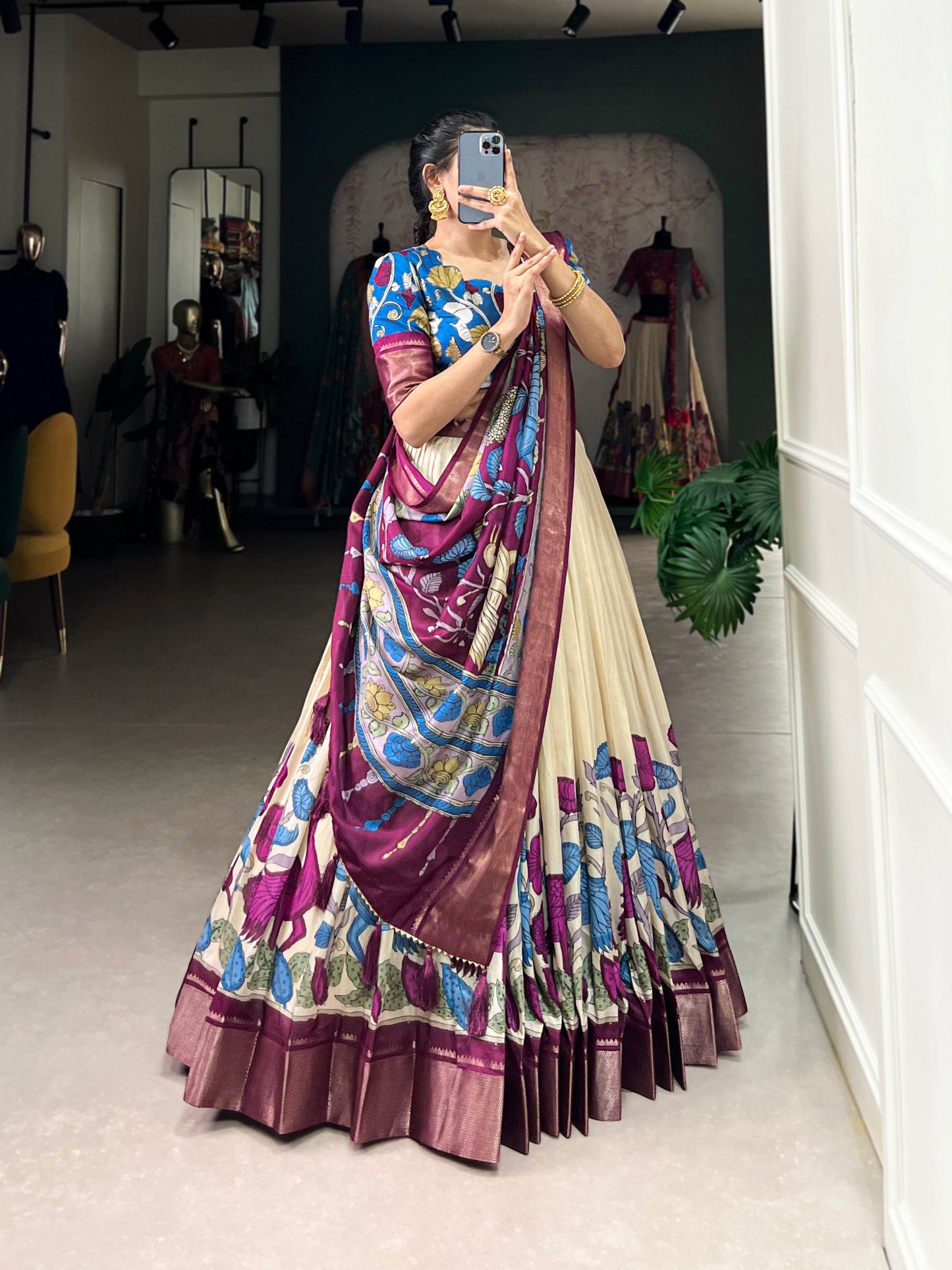 Anusha Kalamkari Dola Silk Lehenga Choli Set – Traditional Elegance with Modern Charm - SEEANS