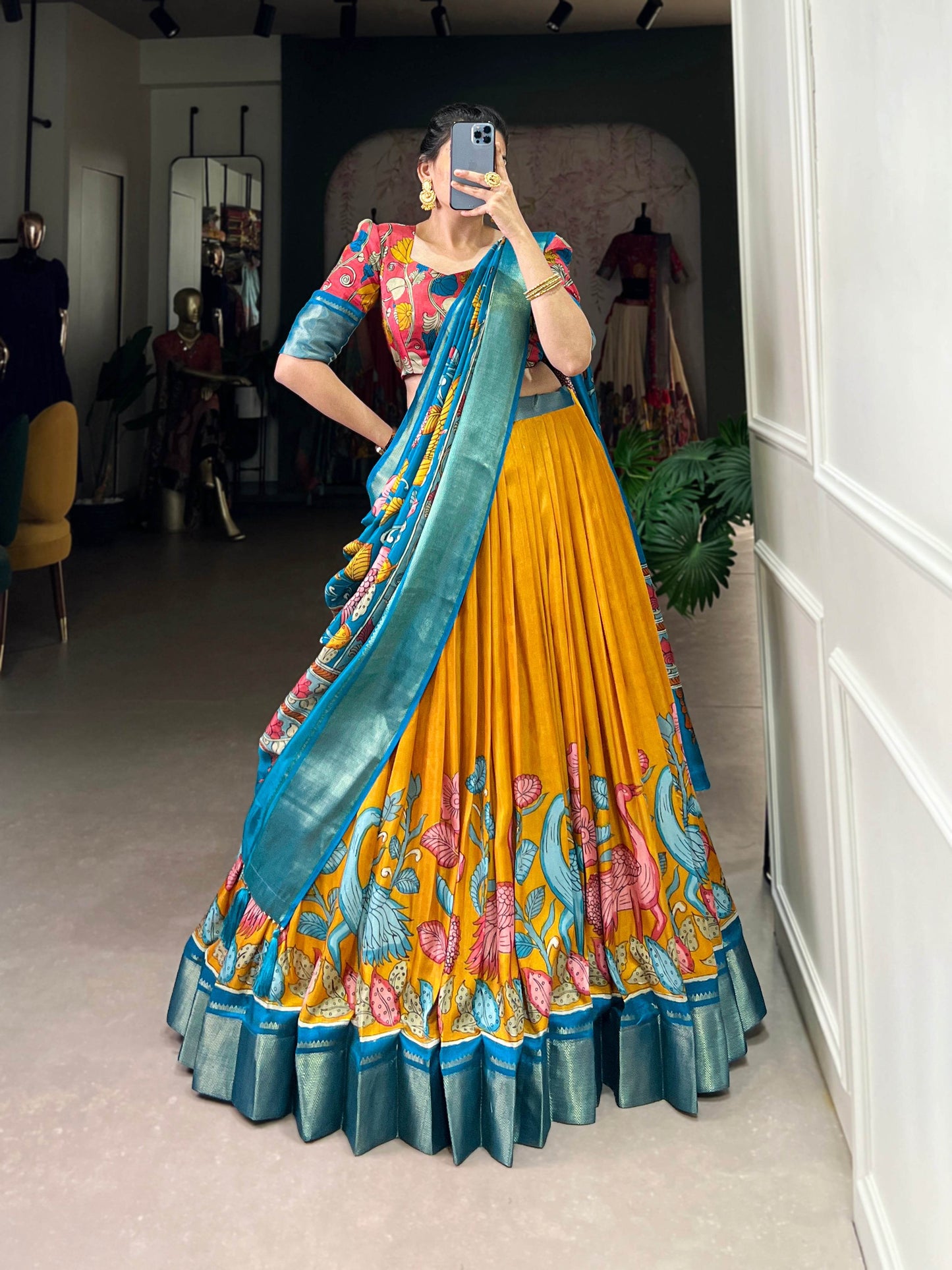 Anusha Kalamkari Dola Silk Lehenga Choli Set – Traditional Elegance with Modern Charm - SEEANS