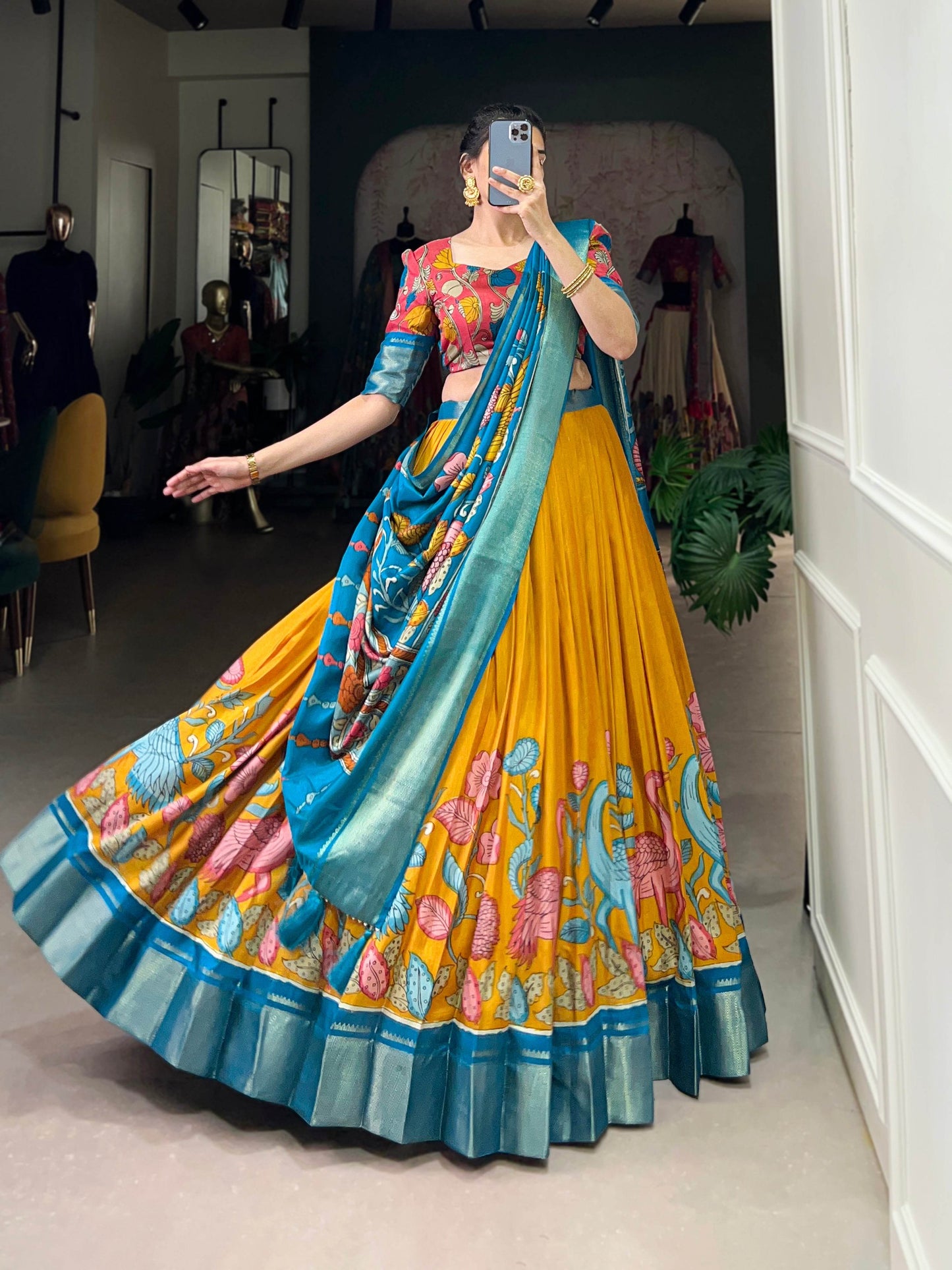 Anusha Kalamkari Dola Silk Lehenga Choli Set – Traditional Elegance with Modern Charm - SEEANS