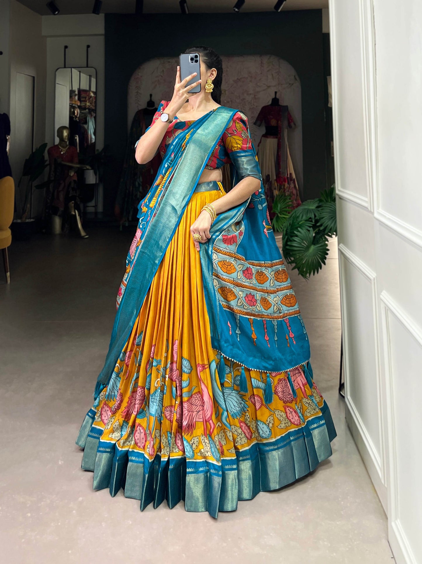 Anusha Kalamkari Dola Silk Lehenga Choli Set – Traditional Elegance with Modern Charm - SEEANS