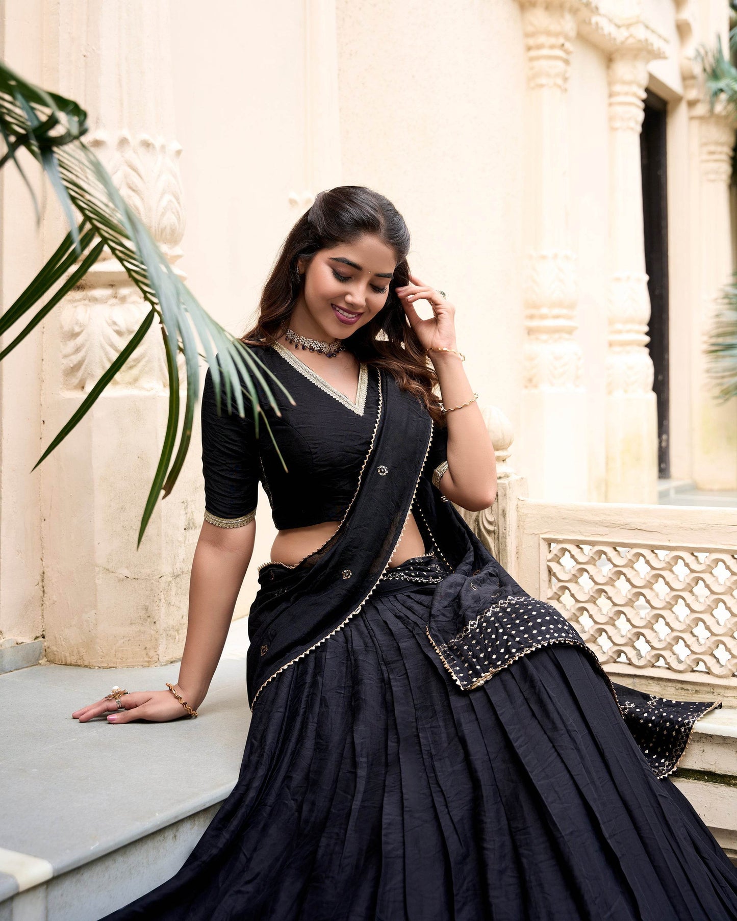 Pure Chanderi Plain Lehenga Choli with Zari Work Border & Sequin Embellished Dupatta - SEEANS