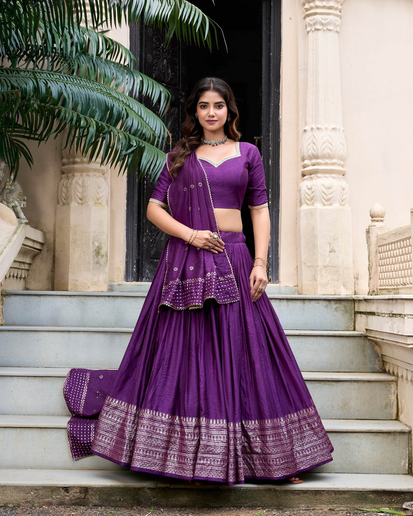 Pure Chanderi Plain Lehenga Choli with Zari Work Border & Sequin Embellished Dupatta - SEEANS