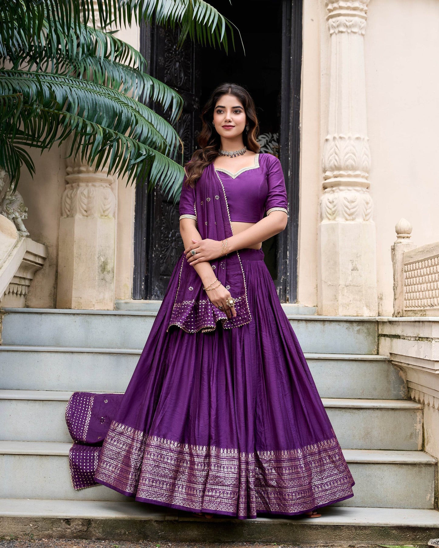 Pure Chanderi Plain Lehenga Choli with Zari Work Border & Sequin Embellished Dupatta - SEEANS