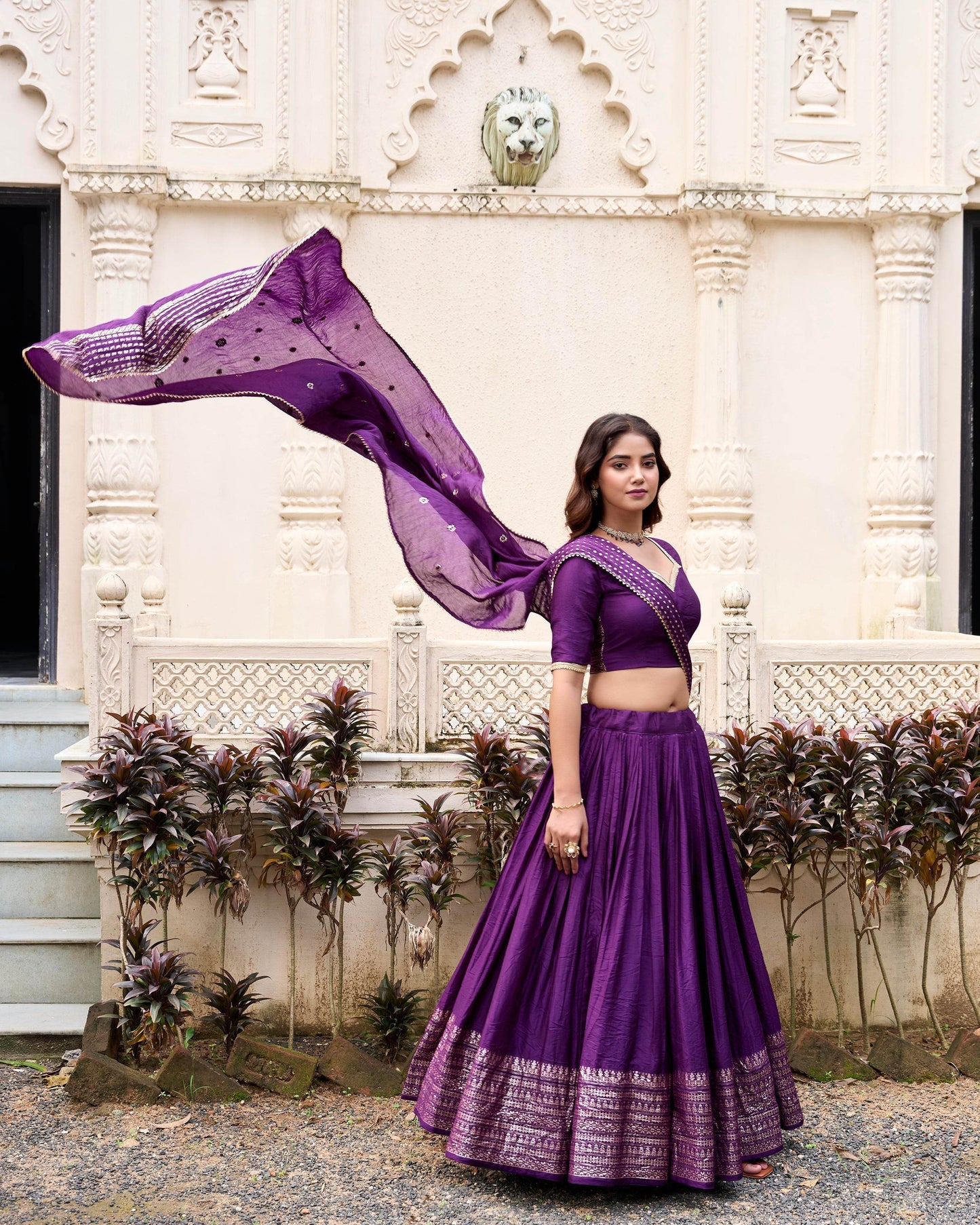 Pure Chanderi Plain Lehenga Choli with Zari Work Border & Sequin Embellished Dupatta - SEEANS