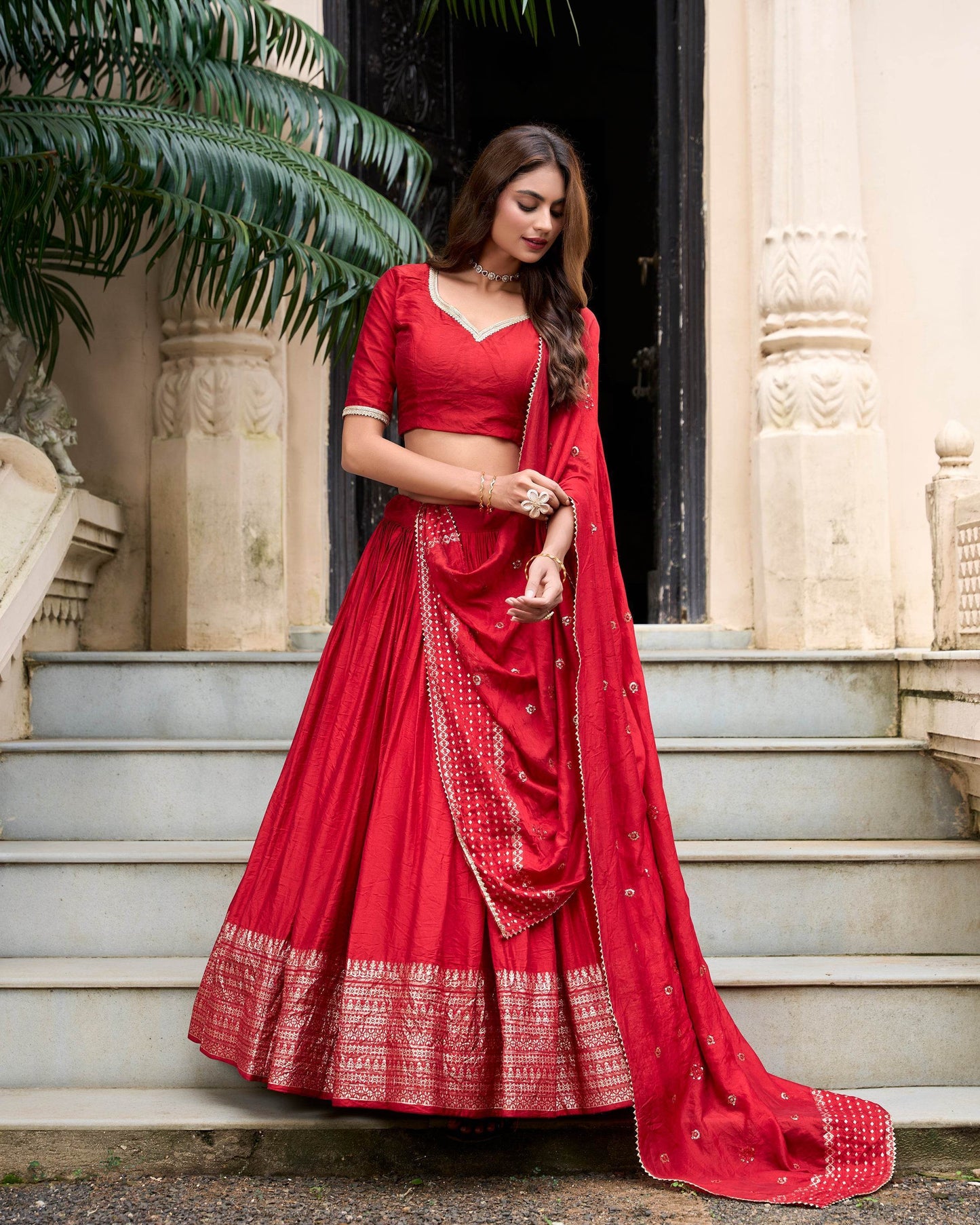 Pure Chanderi Plain Lehenga Choli with Zari Work Border & Sequin Embellished Dupatta - SEEANS