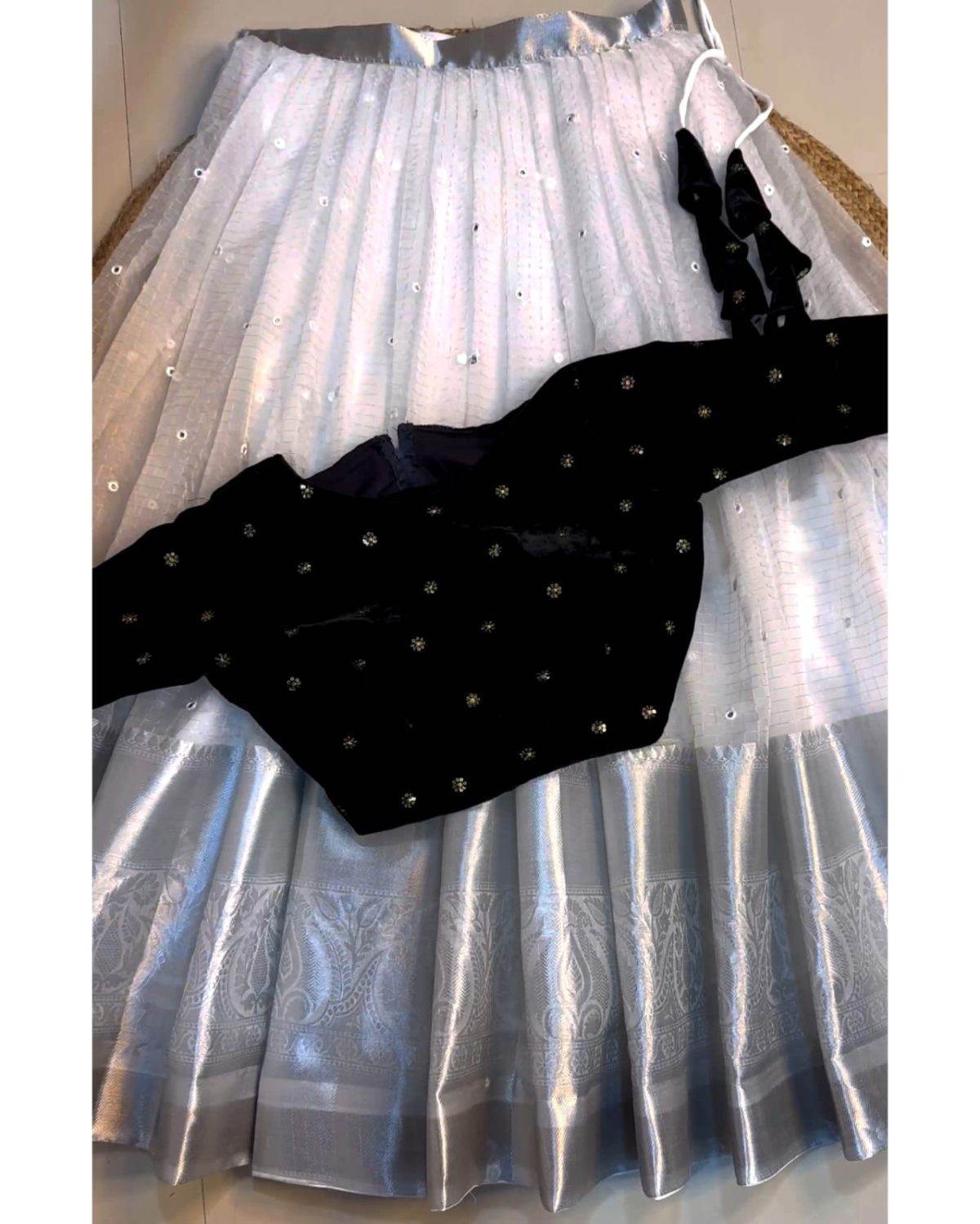 Velvet Designer Lehenga Choli – White and Black | SEEANS - SEEANS