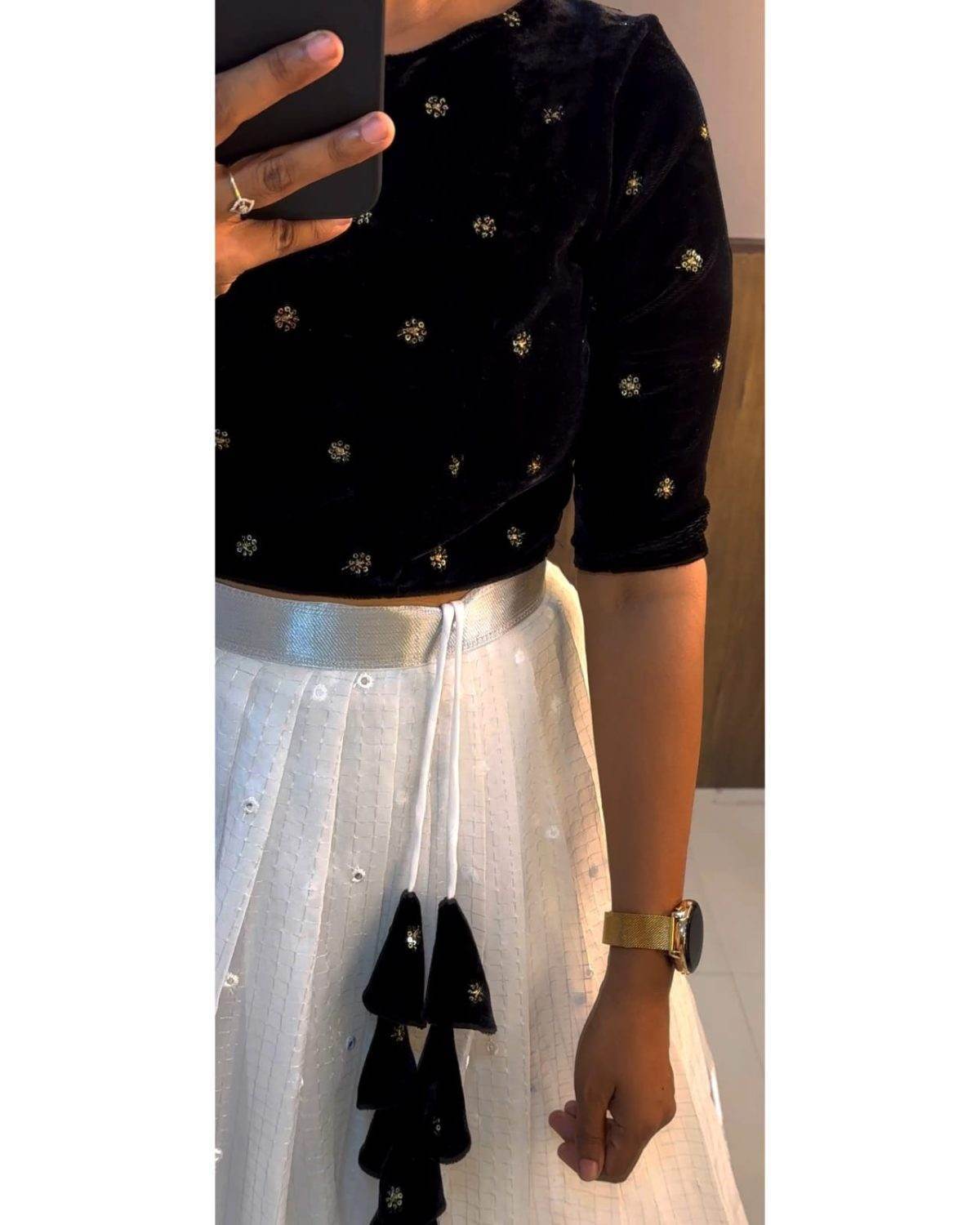 Velvet Designer Lehenga Choli – White and Black | SEEANS - SEEANS
