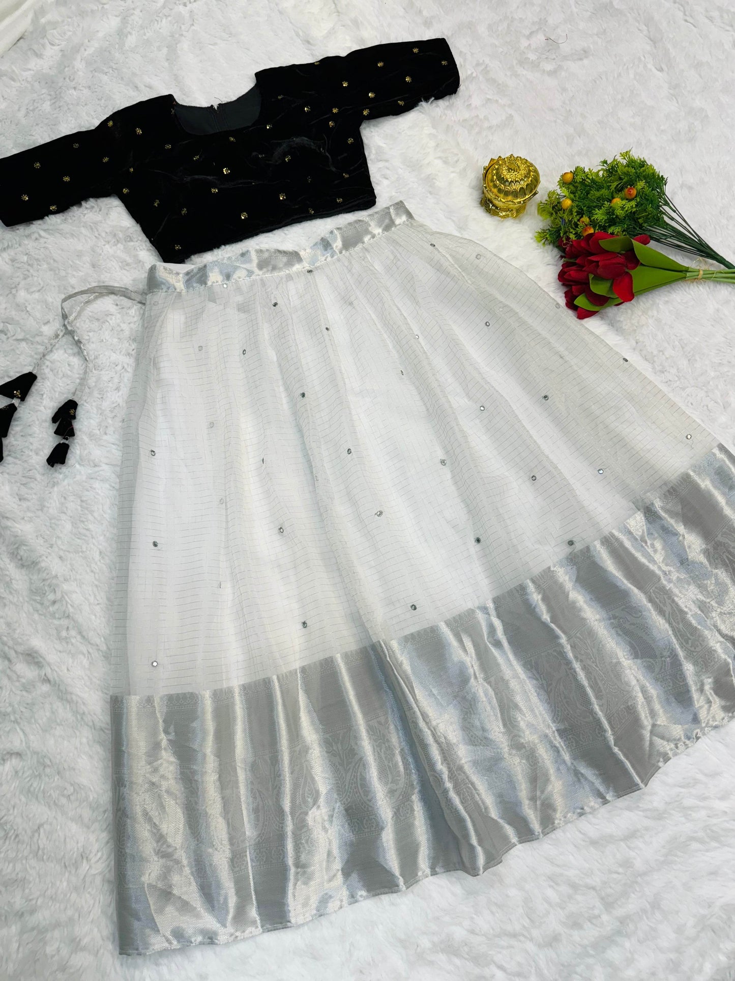Velvet Designer Lehenga Choli – White and Black | SEEANS - SEEANS