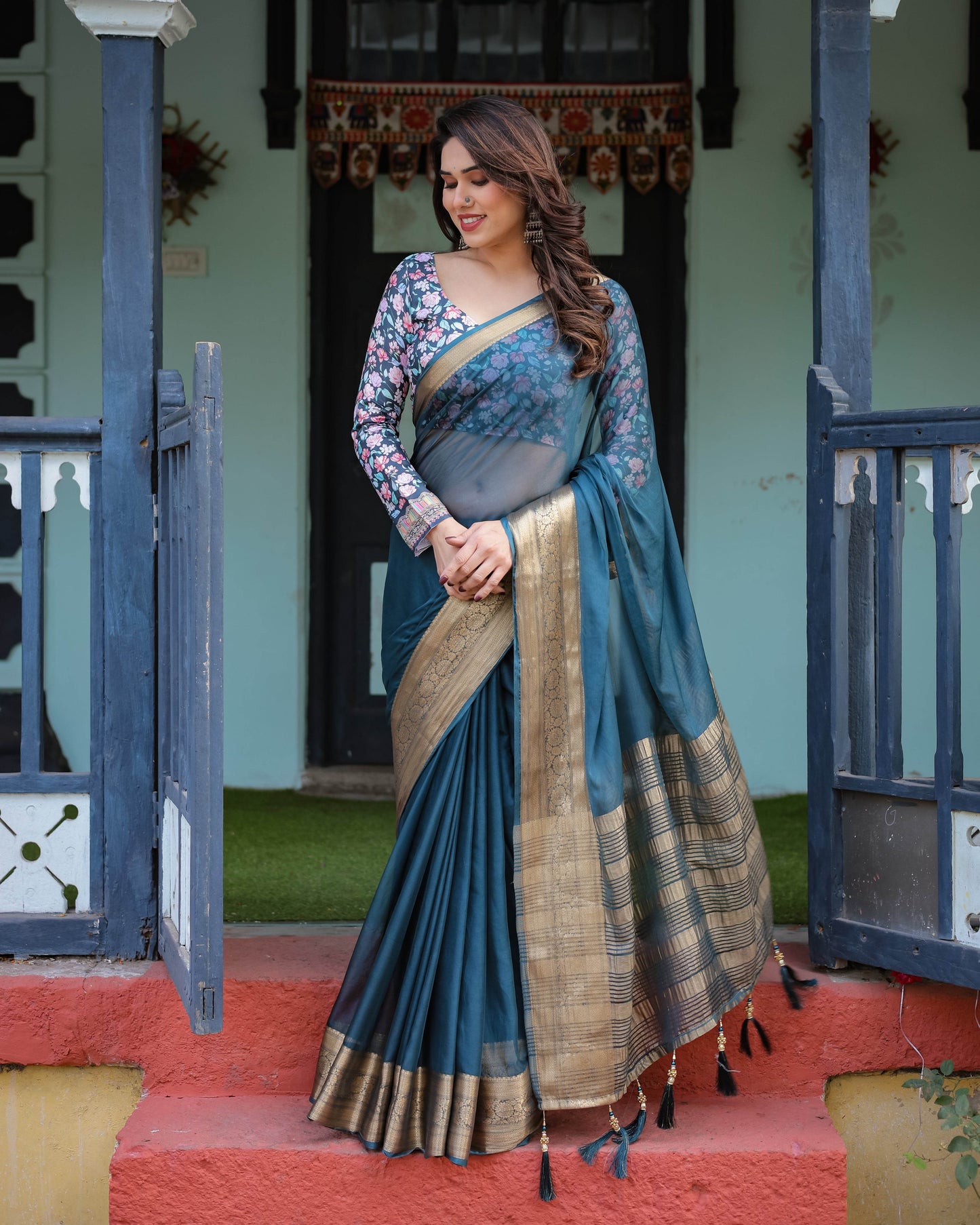 Teal Blue Plain Chiffon Saree with Gold Zari Border, Floral Printed Blouse & Tassel Detailing - SEEANS
