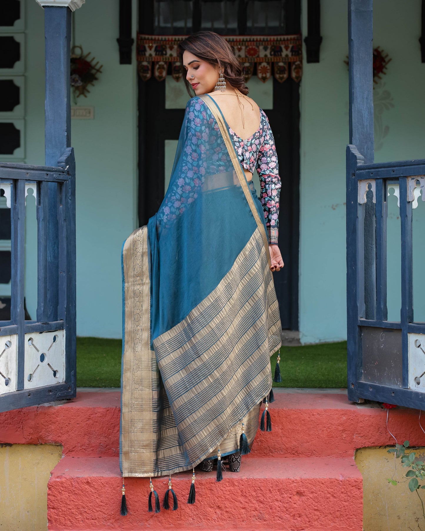 Teal Blue Plain Chiffon Saree with Gold Zari Border, Floral Printed Blouse & Tassel Detailing - SEEANS