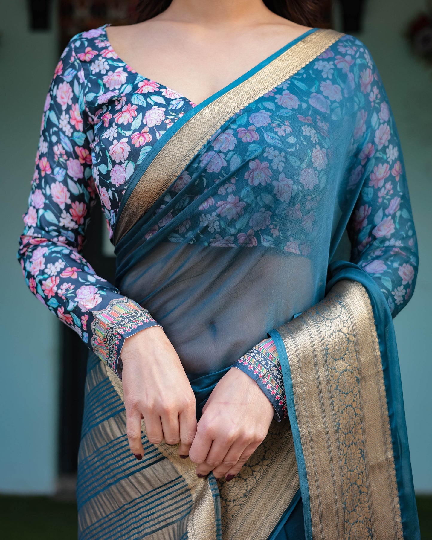 Teal Blue Plain Chiffon Saree with Gold Zari Border, Floral Printed Blouse & Tassel Detailing - SEEANS