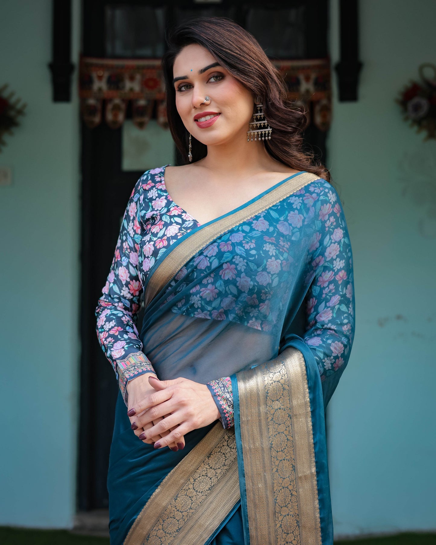 Teal Blue Plain Chiffon Saree with Gold Zari Border, Floral Printed Blouse & Tassel Detailing - SEEANS