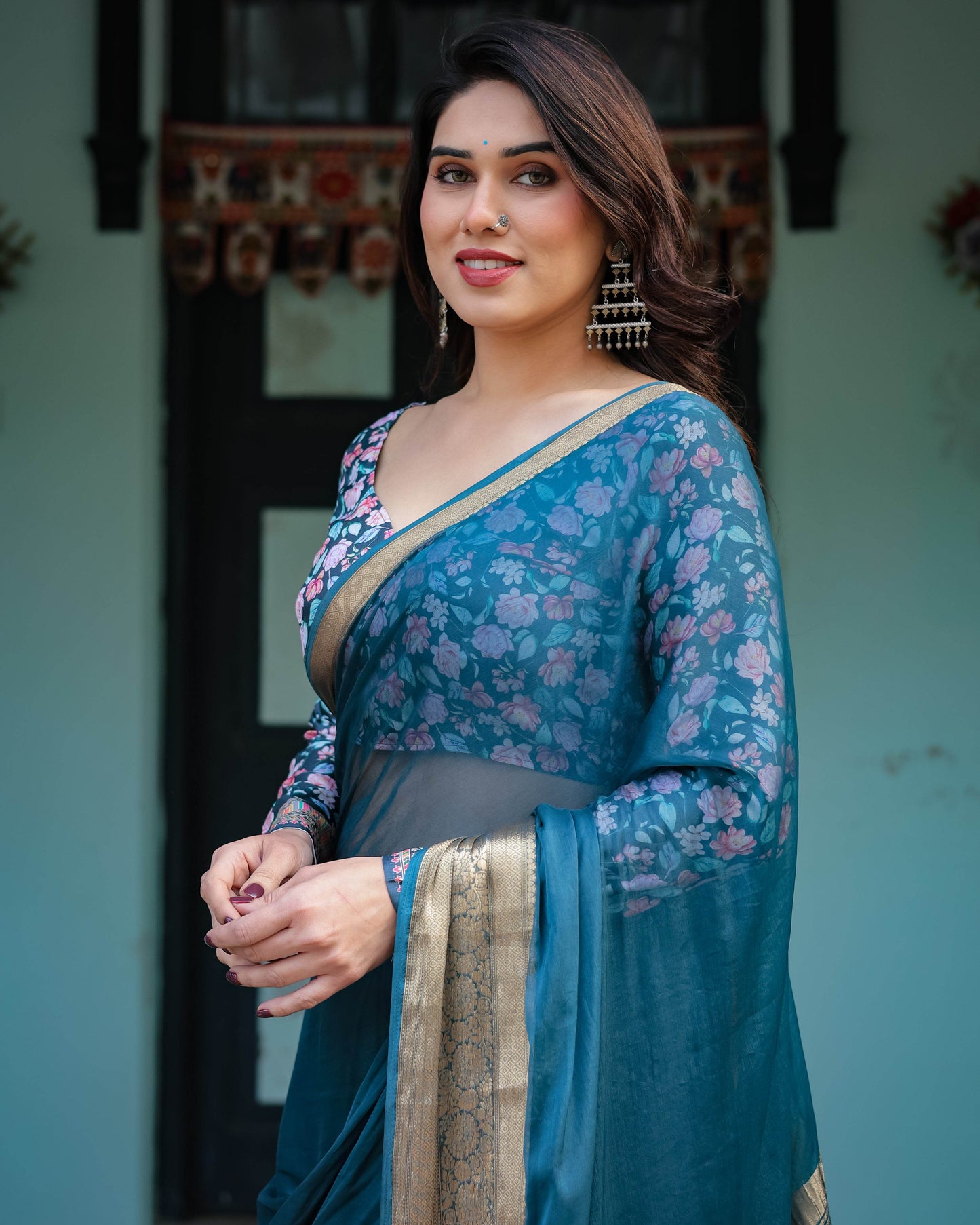 Teal Blue Plain Chiffon Saree with Gold Zari Border, Floral Printed Blouse & Tassel Detailing - SEEANS