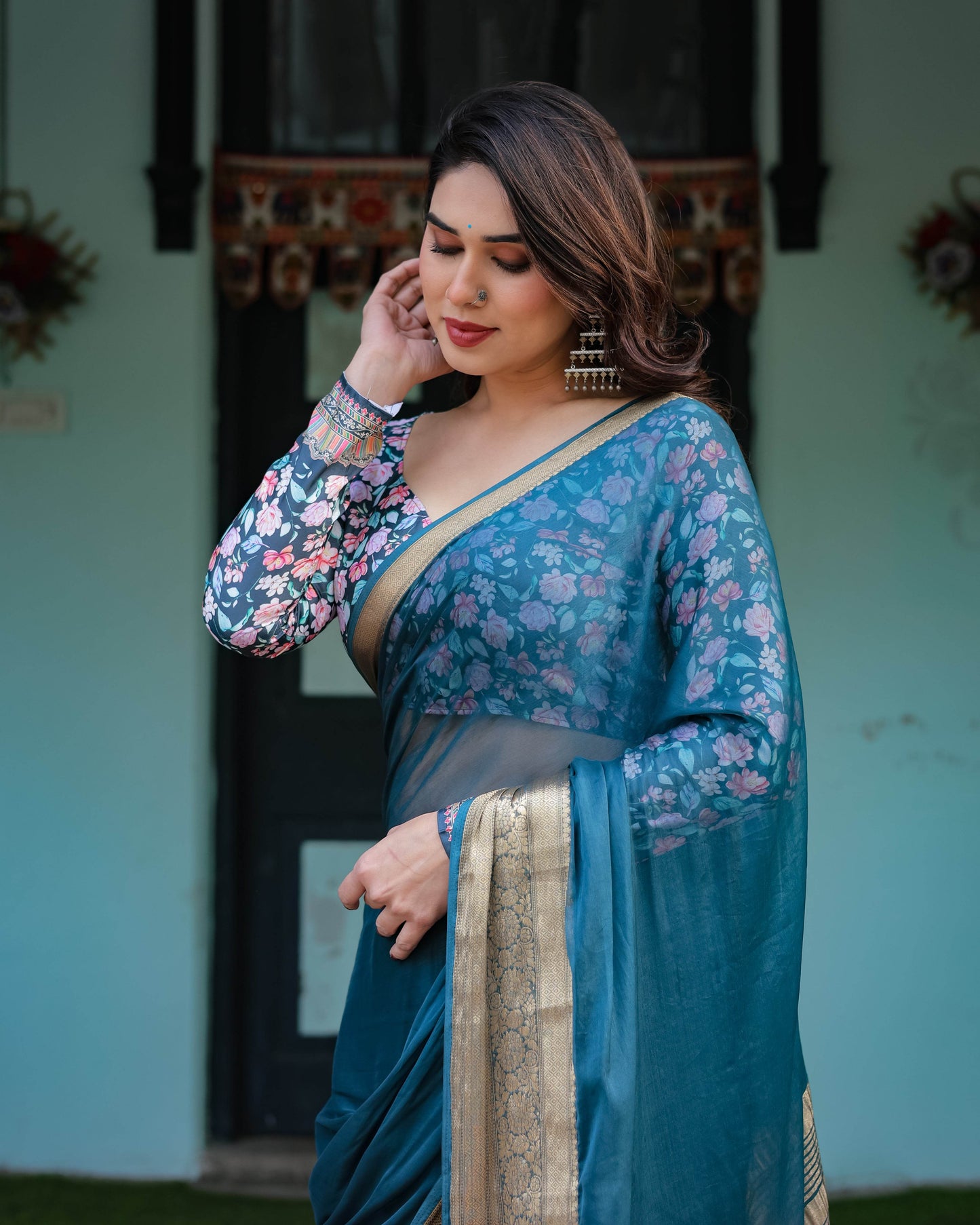 Teal Blue Plain Chiffon Saree with Gold Zari Border, Floral Printed Blouse & Tassel Detailing - SEEANS