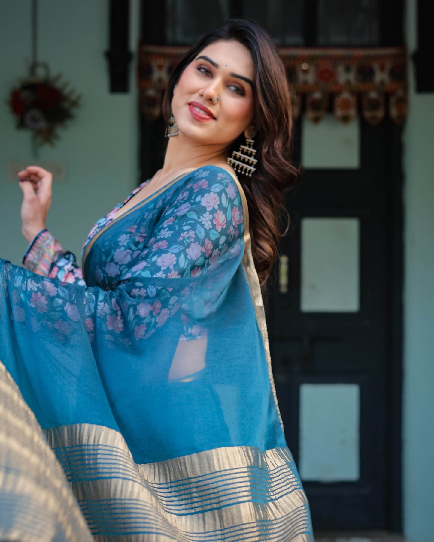Teal Blue Plain Chiffon Saree with Gold Zari Border, Floral Printed Blouse & Tassel Detailing - SEEANS