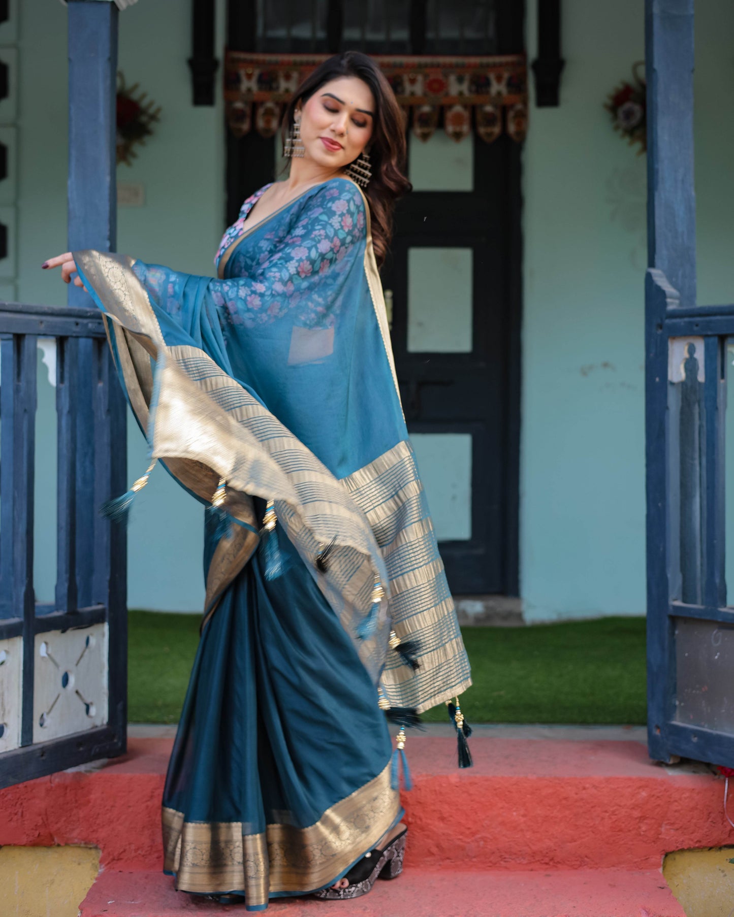 Teal Blue Plain Chiffon Saree with Gold Zari Border, Floral Printed Blouse & Tassel Detailing - SEEANS
