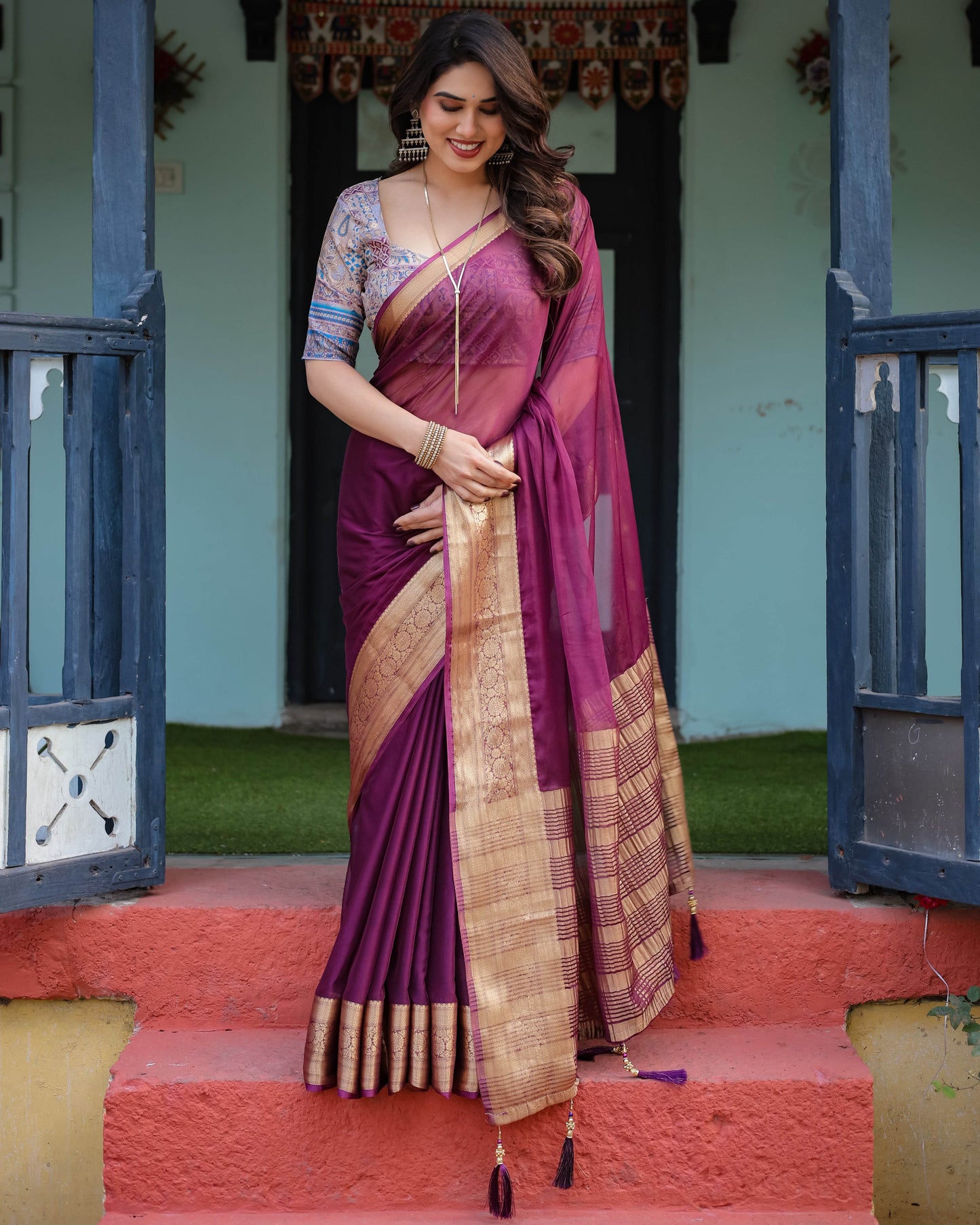 Majestic Plum Plain Chiffon Saree with Gold Zari Border, Printed Designer Blouse & Tassel Detailing - SEEANS