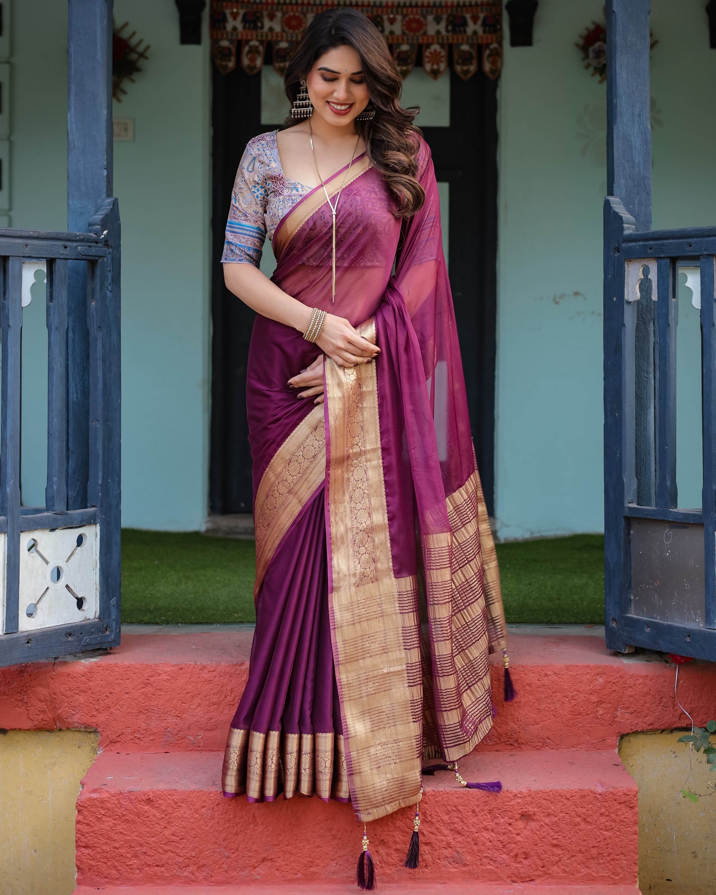 Majestic Plum Plain Chiffon Saree with Gold Zari Border, Printed Designer Blouse & Tassel Detailing - SEEANS