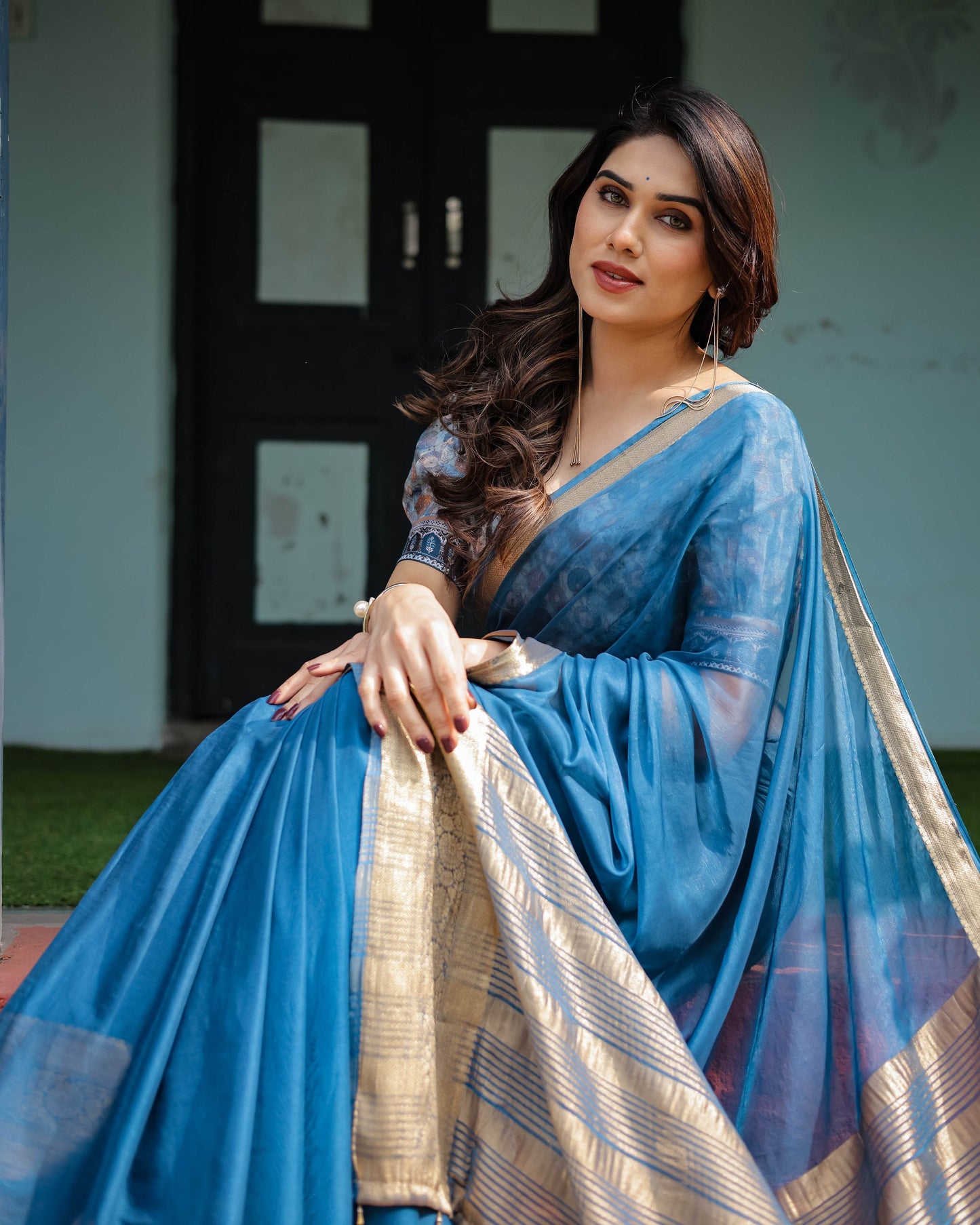 Vibrant Peacock Blue Plain Chiffon Saree with Gold Zari Border, Floral Printed Blouse & Tassel Accents - SEEANS