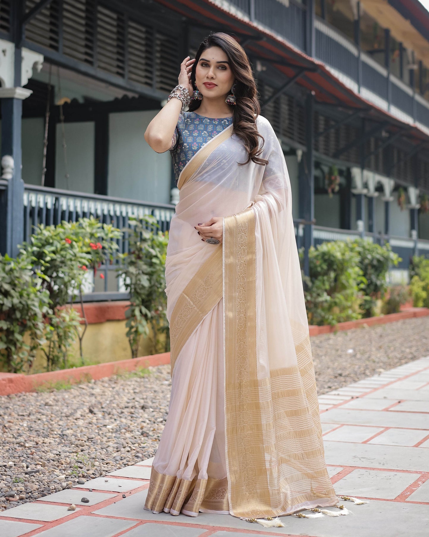 Ivory White Plain Chiffon Saree with Gold Zari Border, Floral Printed Blouse & Tassel Detailing - SEEANS