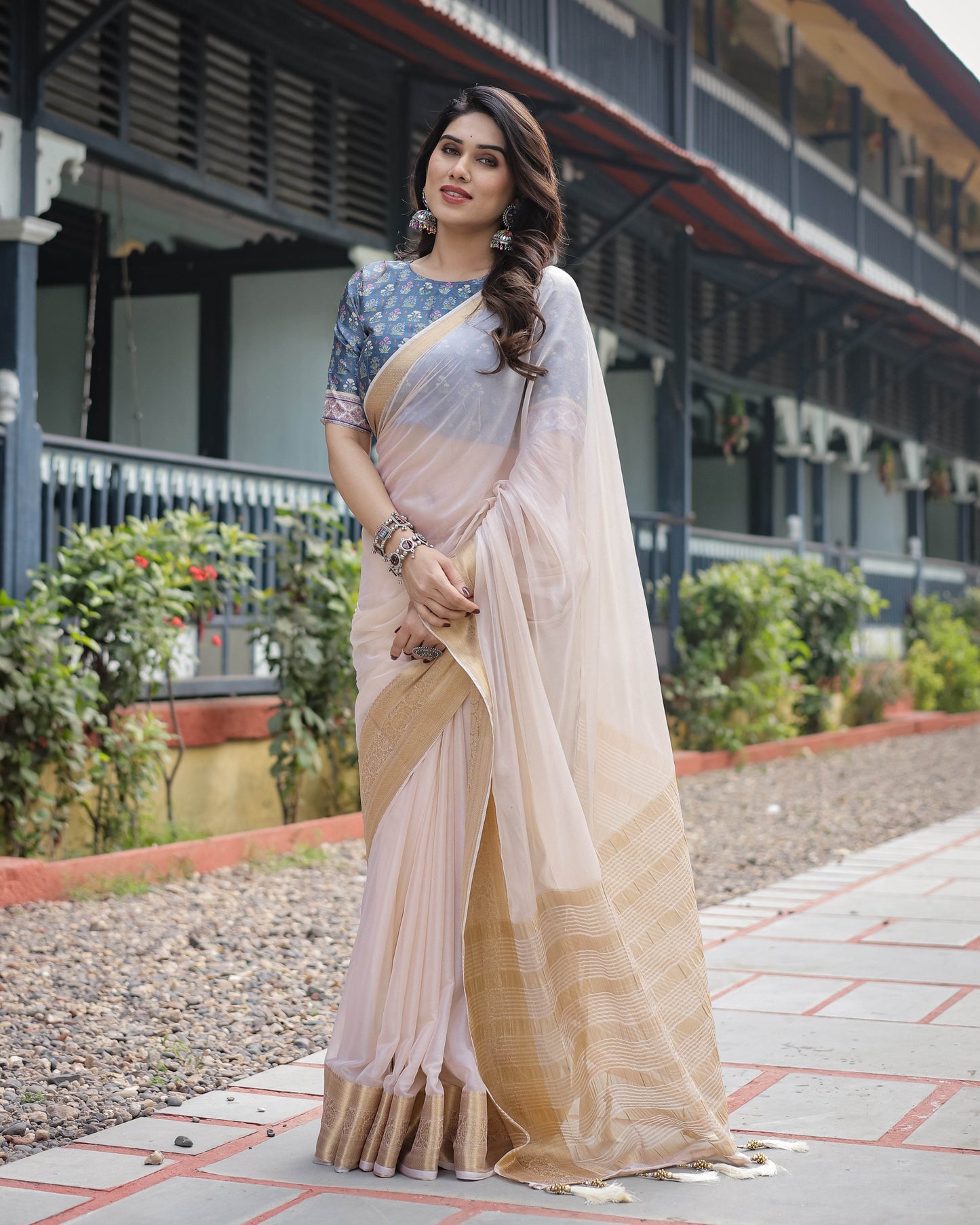 Ivory White Plain Chiffon Saree with Gold Zari Border, Floral Printed Blouse & Tassel Detailing - SEEANS