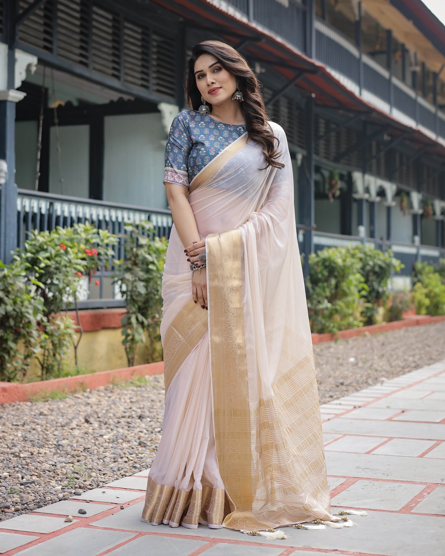 Ivory White Plain Chiffon Saree with Gold Zari Border, Floral Printed Blouse & Tassel Detailing - SEEANS