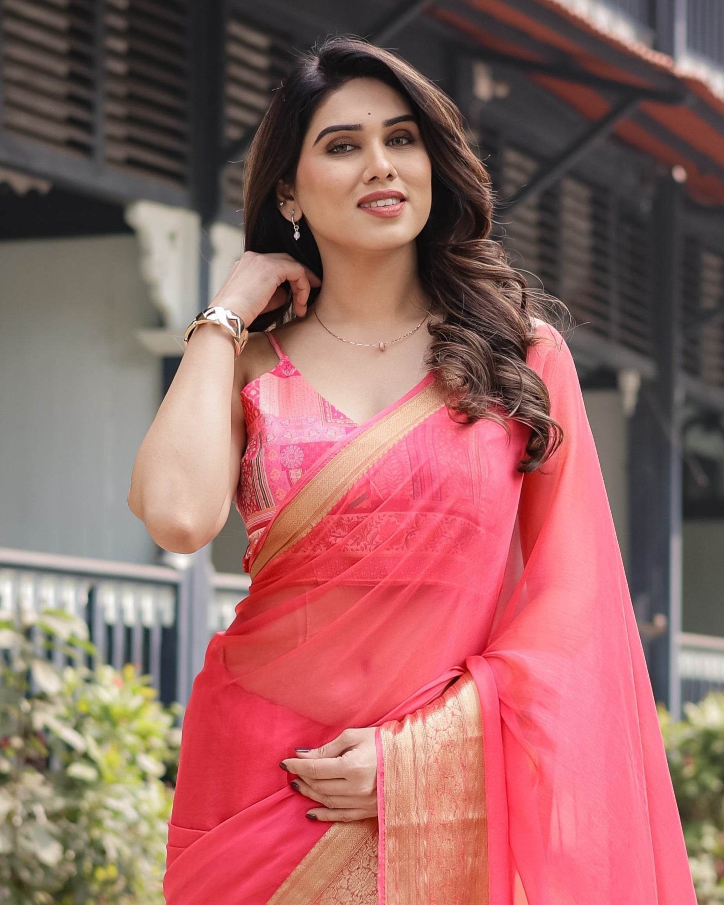 Flamingo Pink Plain Chiffon Saree with Gold Zari Border, Patterned Blouse & Tassel Detailing - SEEANS
