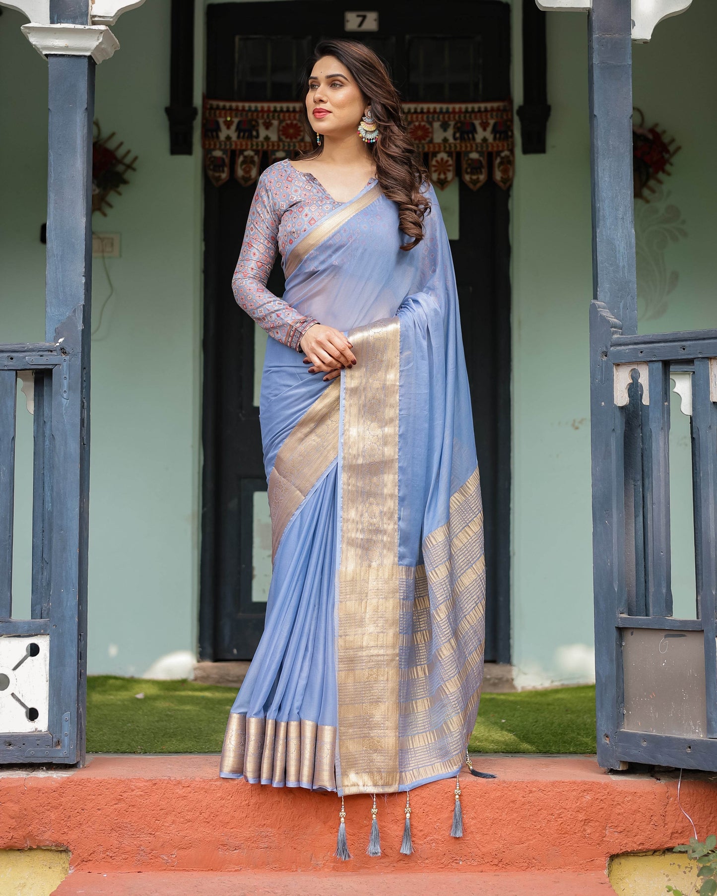 Sky Blue Plain Chiffon Saree with Gold Zari Border, Geometric Printed Blouse & Tassel Detailing - SEEANS