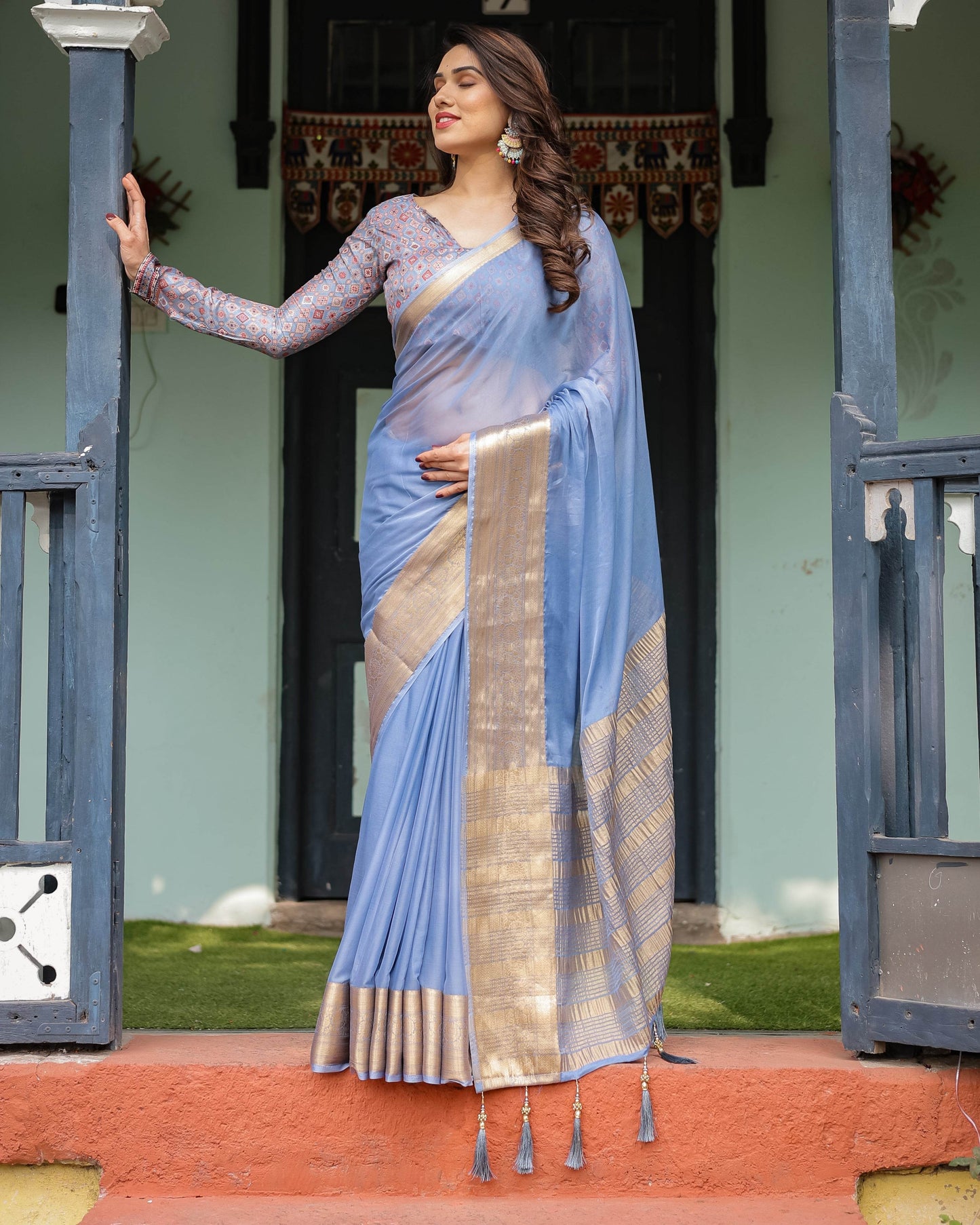 Sky Blue Plain Chiffon Saree with Gold Zari Border, Geometric Printed Blouse & Tassel Detailing - SEEANS