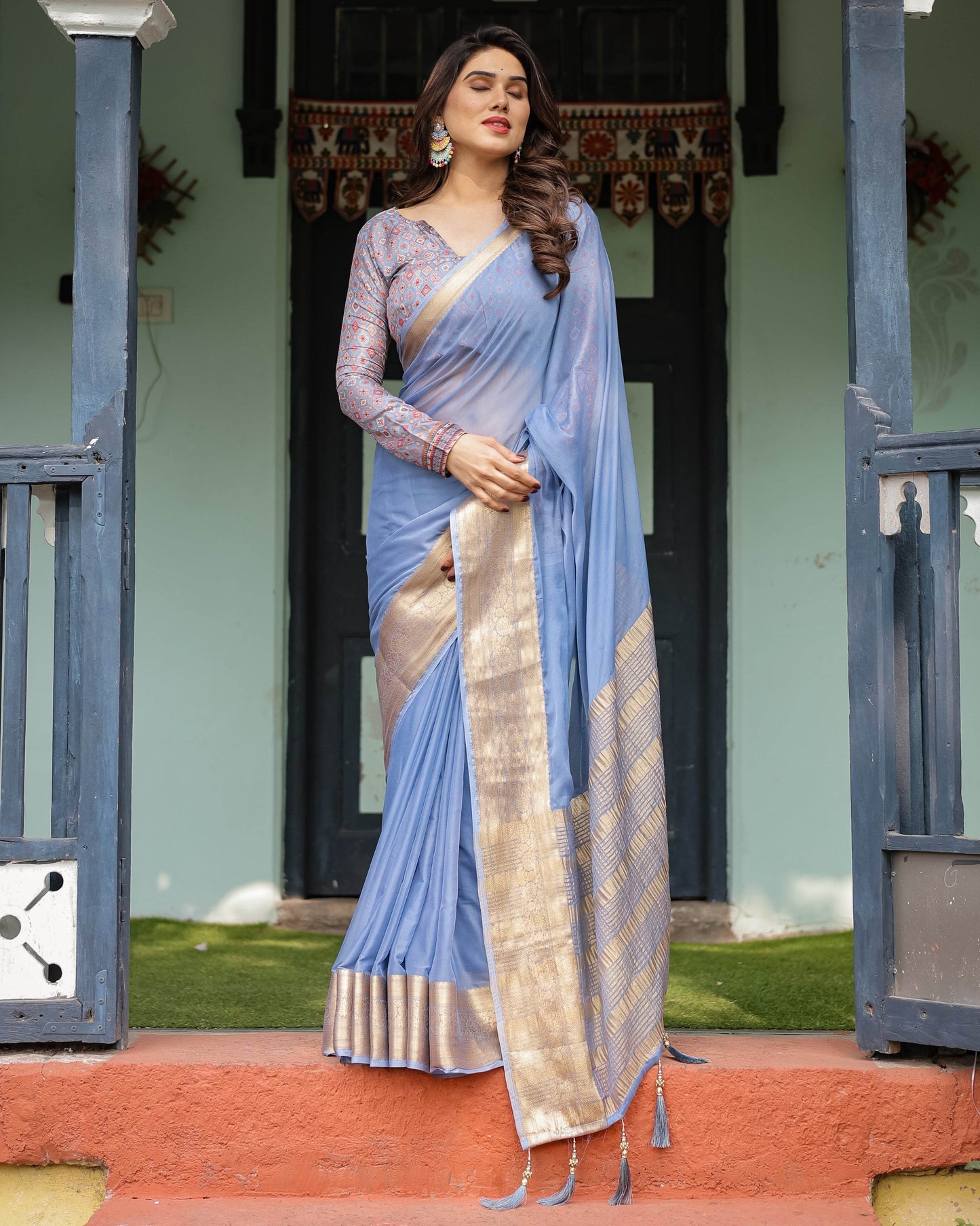 Sky Blue Plain Chiffon Saree with Gold Zari Border, Geometric Printed Blouse & Tassel Detailing - SEEANS