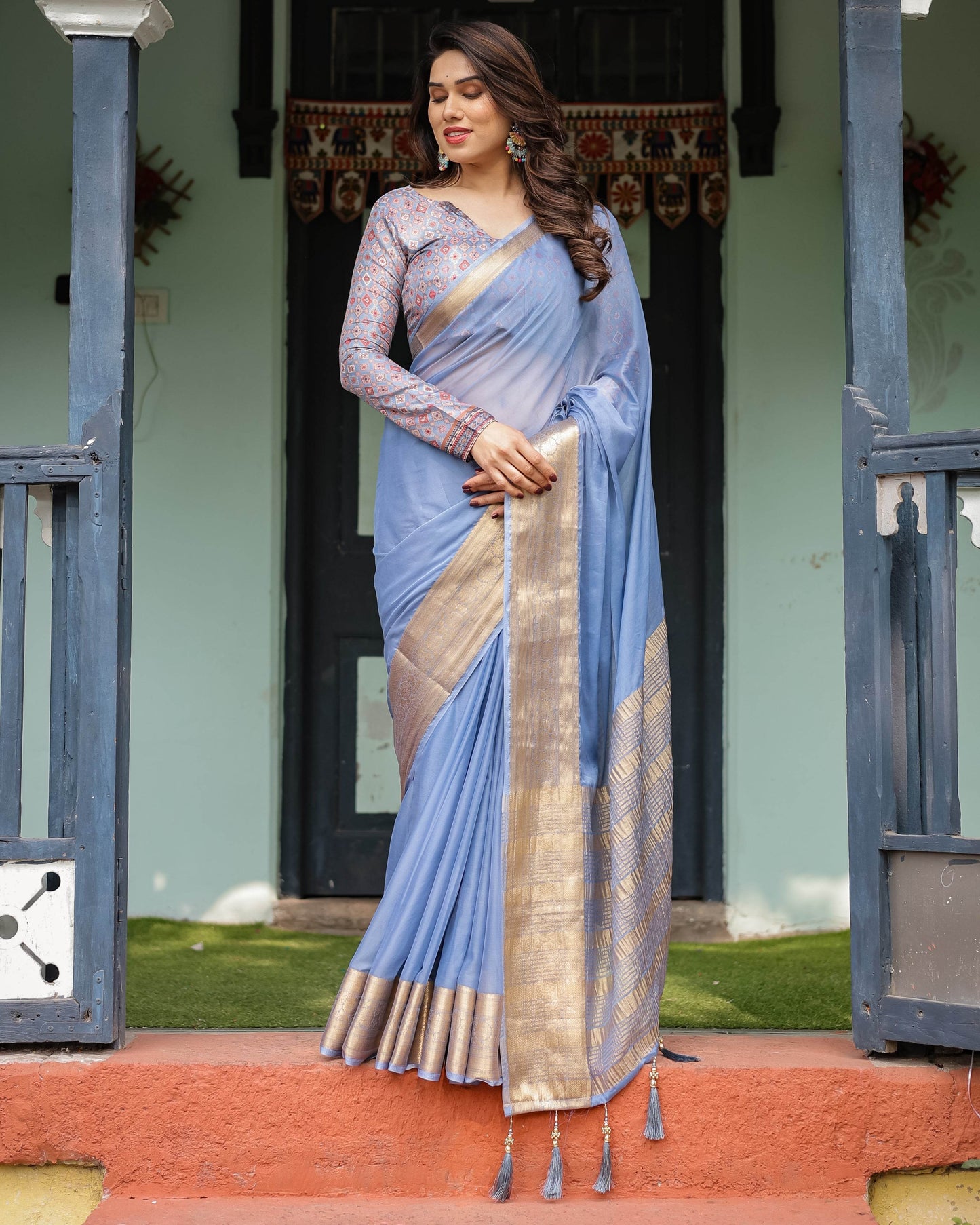 Sky Blue Plain Chiffon Saree with Gold Zari Border, Geometric Printed Blouse & Tassel Detailing - SEEANS