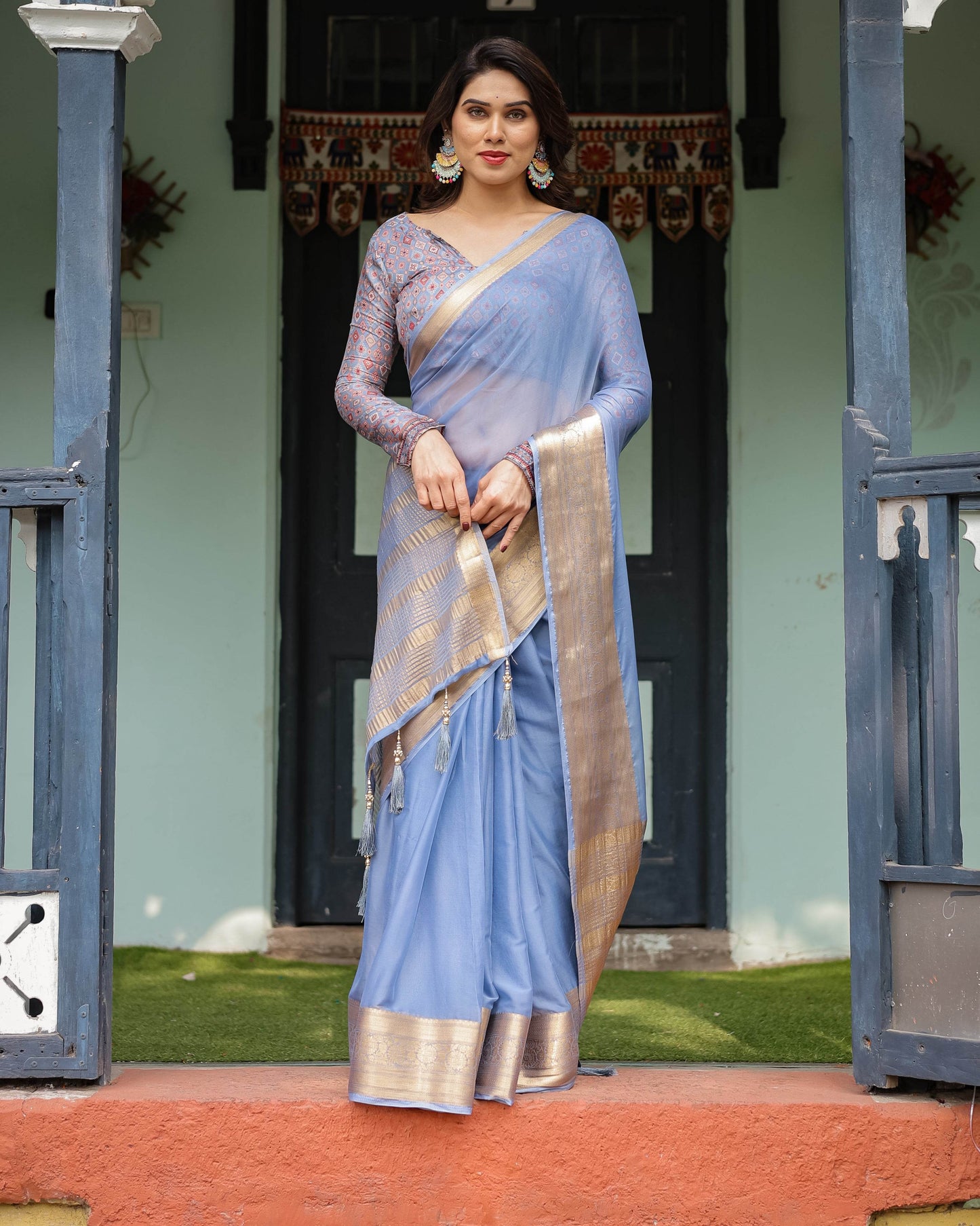 Sky Blue Plain Chiffon Saree with Gold Zari Border, Geometric Printed Blouse & Tassel Detailing - SEEANS