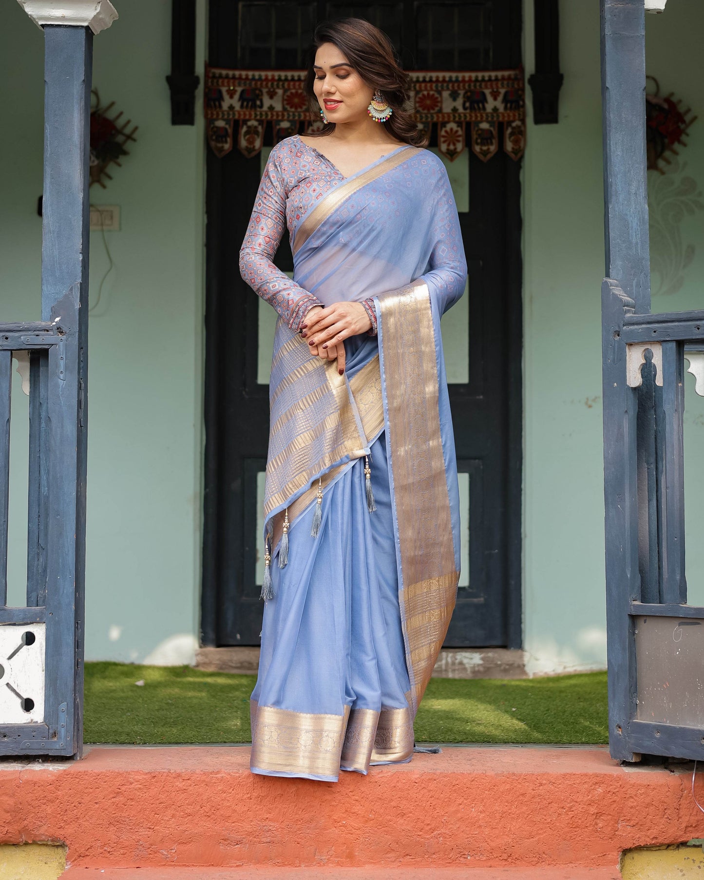 Sky Blue Plain Chiffon Saree with Gold Zari Border, Geometric Printed Blouse & Tassel Detailing - SEEANS
