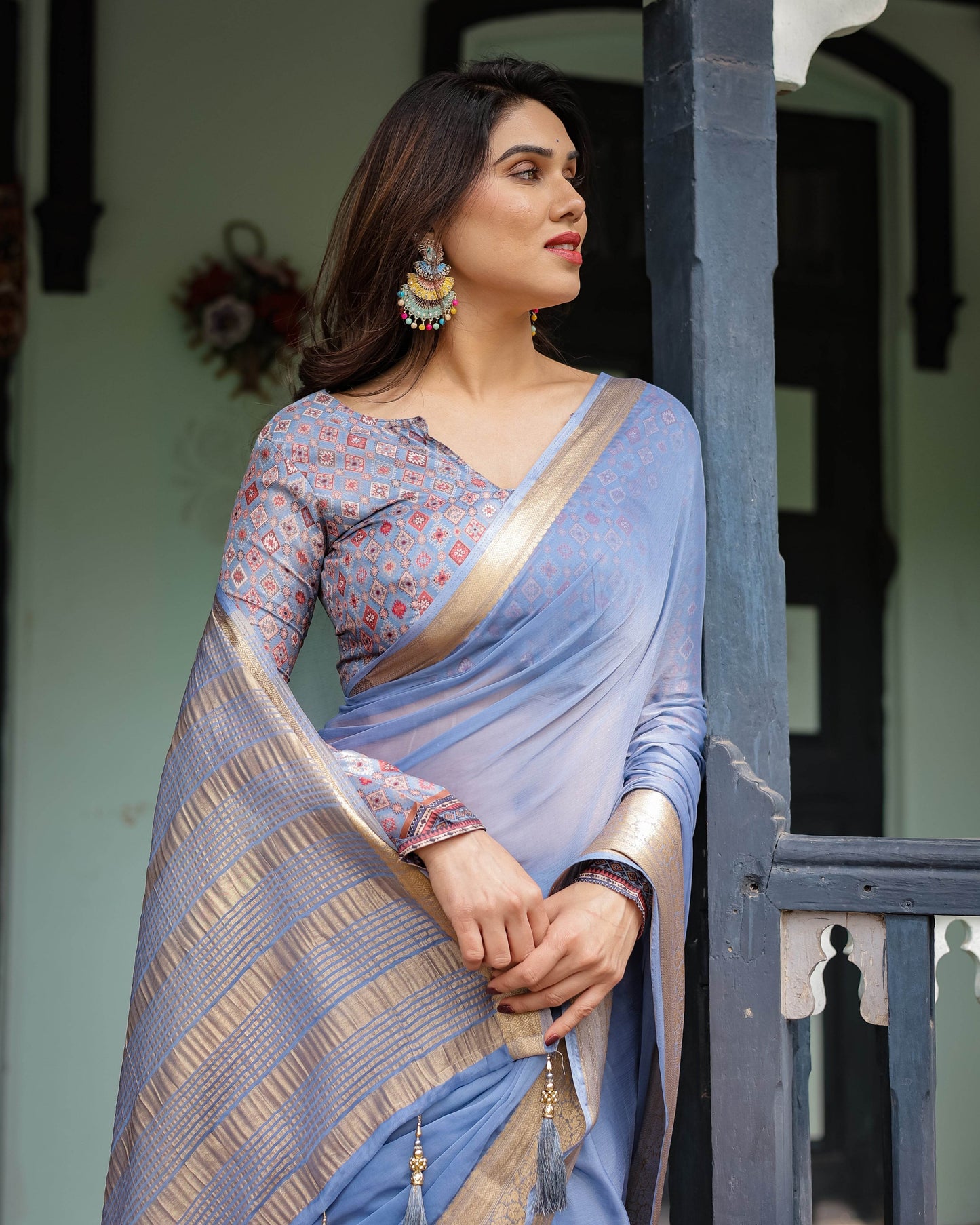 Sky Blue Plain Chiffon Saree with Gold Zari Border, Geometric Printed Blouse & Tassel Detailing - SEEANS