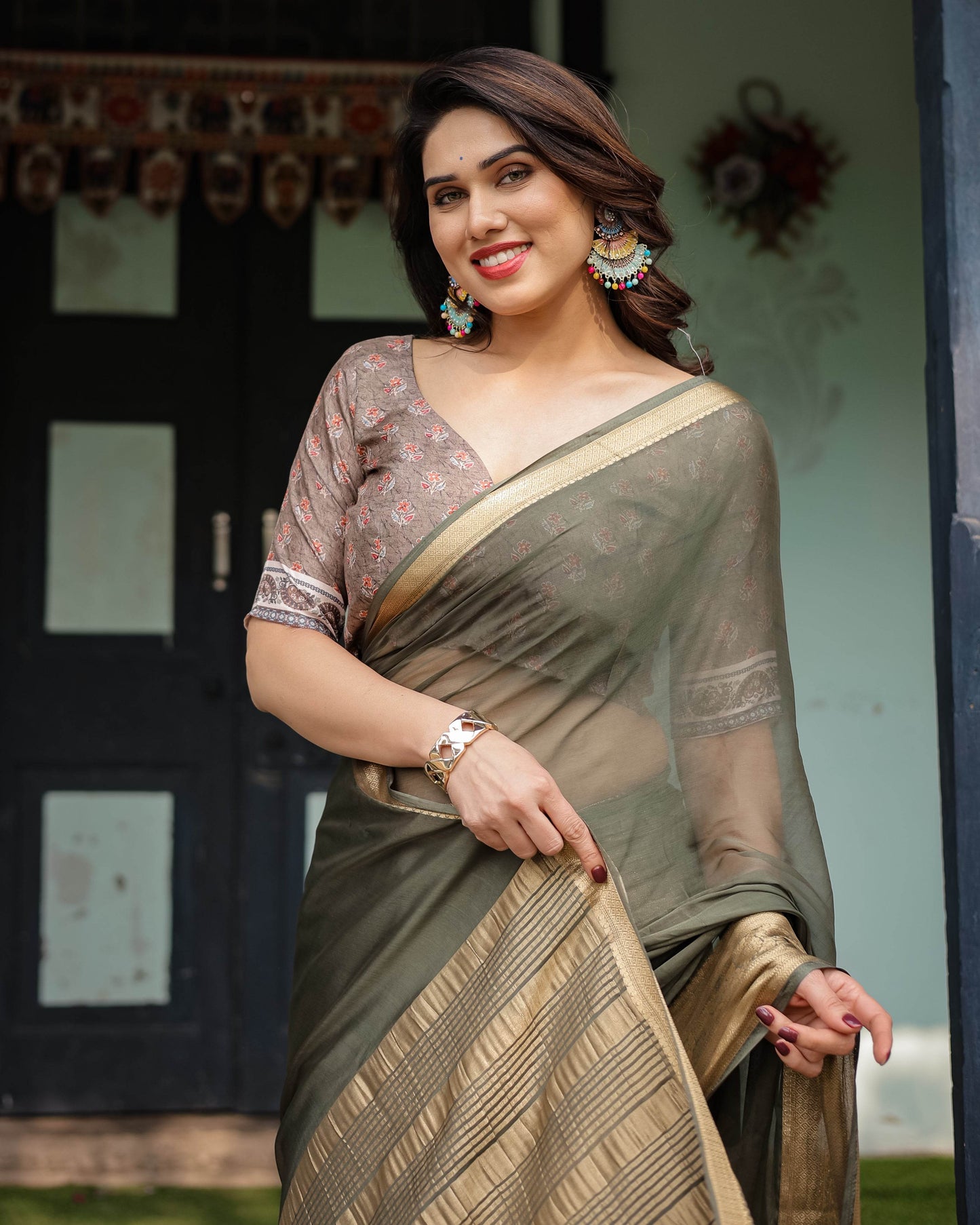 Elegant Olive Green Plain Chiffon Saree with Gold Zari Border, Floral Printed Blouse & Tassel Detailing - SEEANS