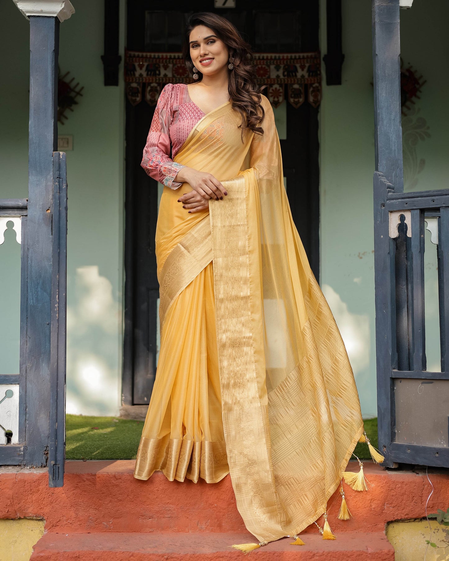 Radiant Mustard Yellow Plain Chiffon Saree with Gold Zari Border, Printed Designer Blouse & Tassel Detailing - SEEANS