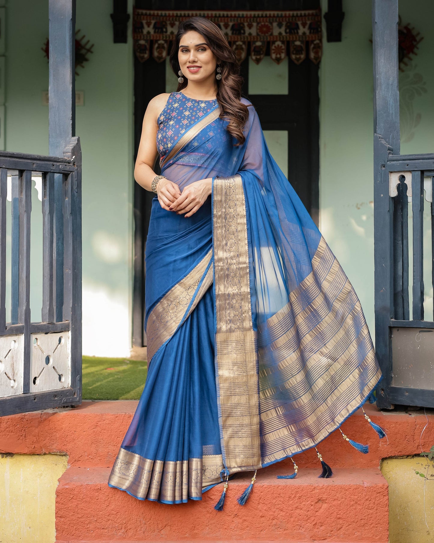 Royal Blue Plain Chiffon Saree with Gold Zari Border, Geometric Printed Blouse & Tassel Detailing - SEEANS