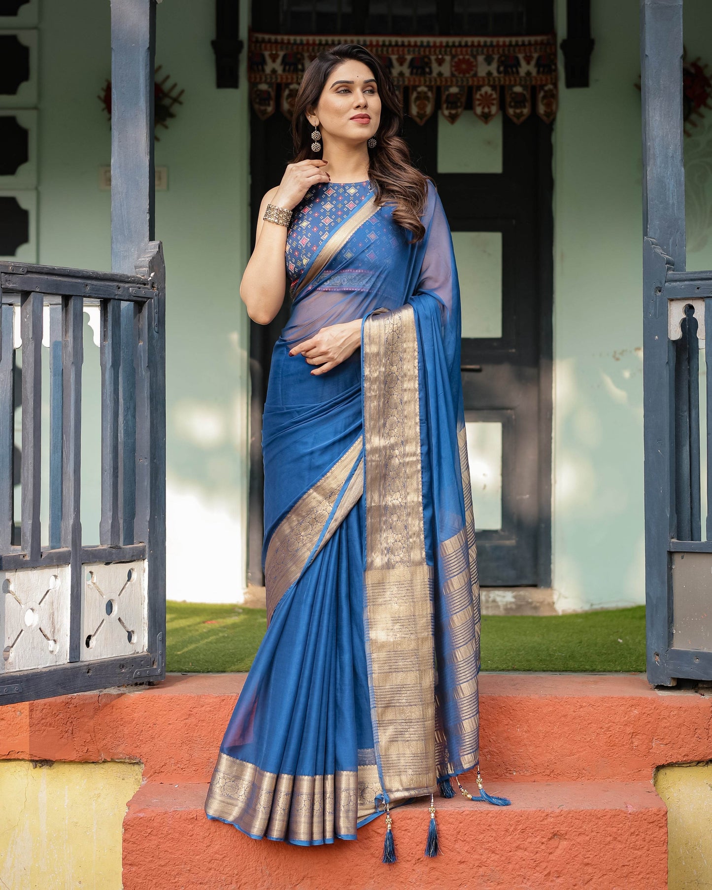 Royal Blue Plain Chiffon Saree with Gold Zari Border, Geometric Printed Blouse & Tassel Detailing - SEEANS