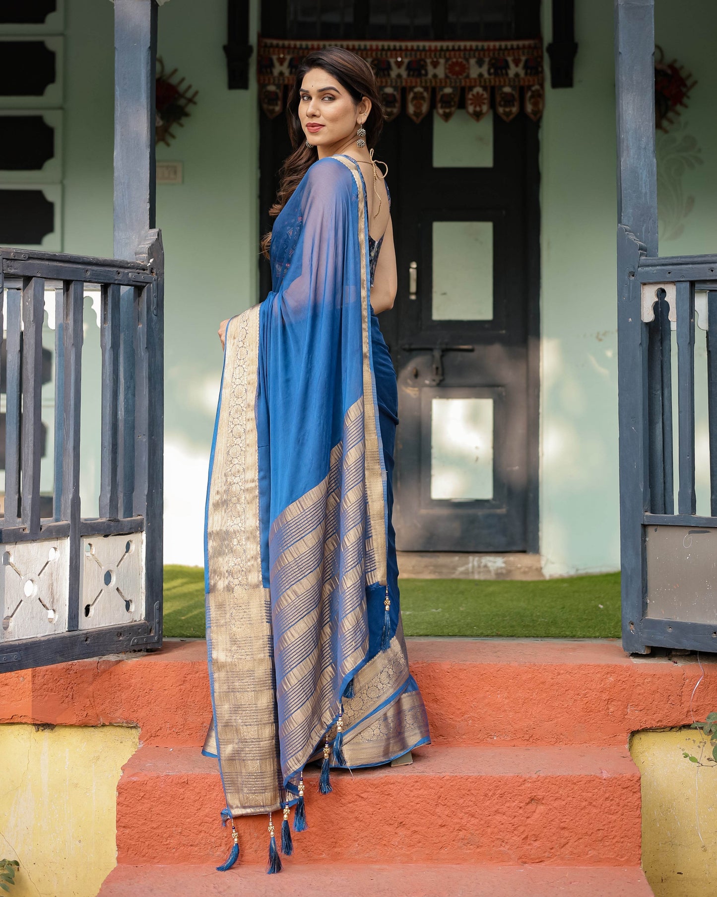 Royal Blue Plain Chiffon Saree with Gold Zari Border, Geometric Printed Blouse & Tassel Detailing - SEEANS
